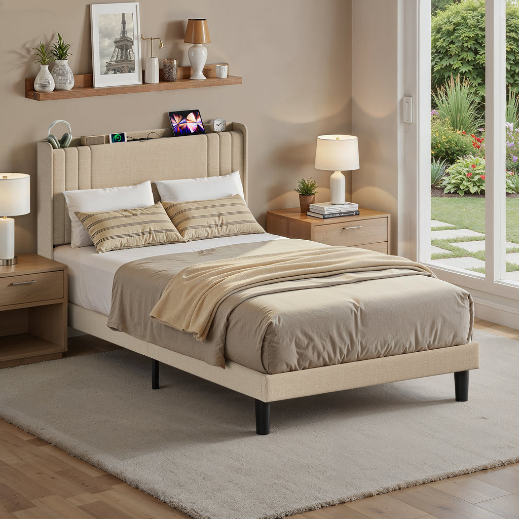 Bealife BF28 Gepolstertes Einzelbett 120x200 cm, Metallbettgestell mit LED-Beleuchtung, Kopfteil-Ablage & integrierter Ladestation