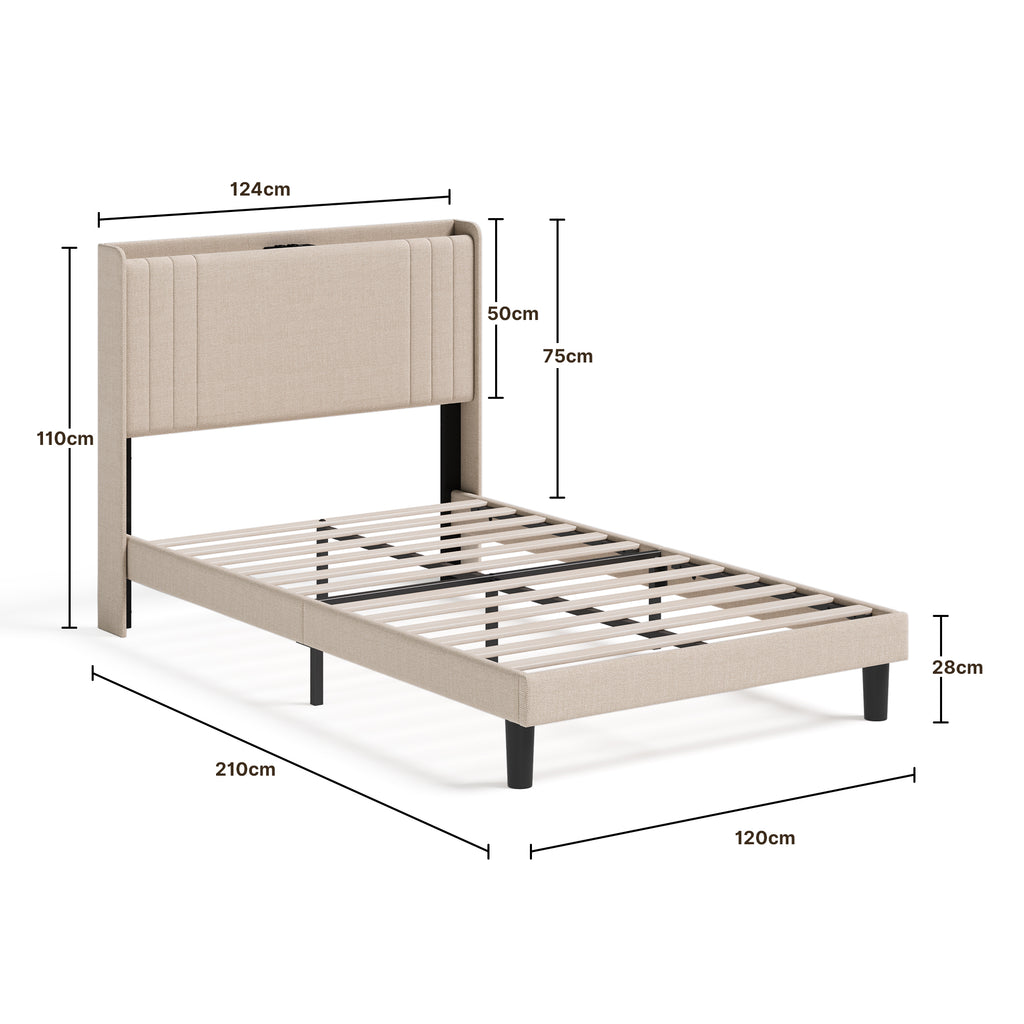 Bealife BF28 Gepolstertes Einzelbett 120x200 cm, Metallbettgestell mit LED-Beleuchtung, Kopfteil-Ablage & integrierter Ladestation