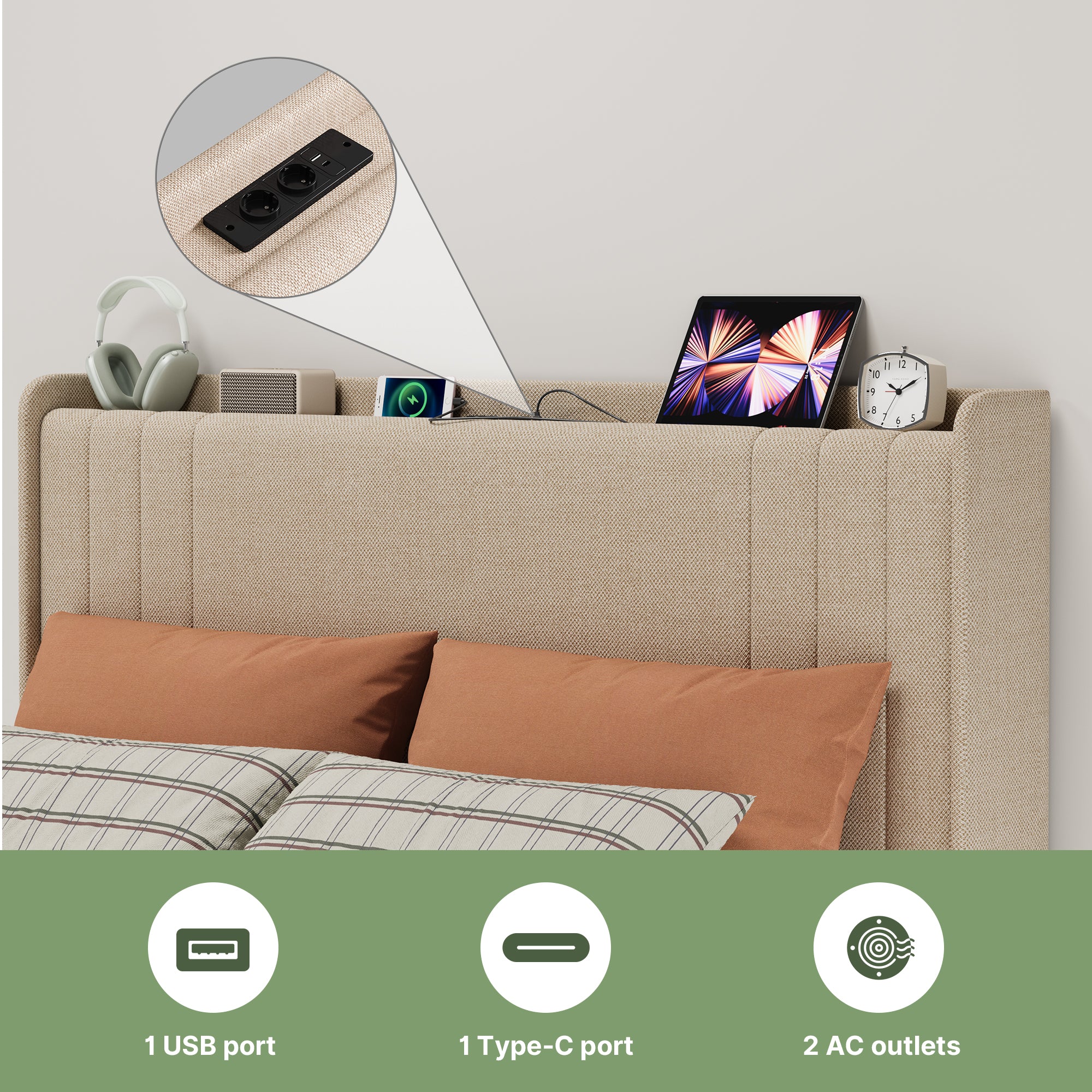 Bealife BF28 Gepolstertes Einzelbett 120x200 cm, Metallbettgestell mit LED-Beleuchtung, Kopfteil-Ablage & integrierter Ladestation