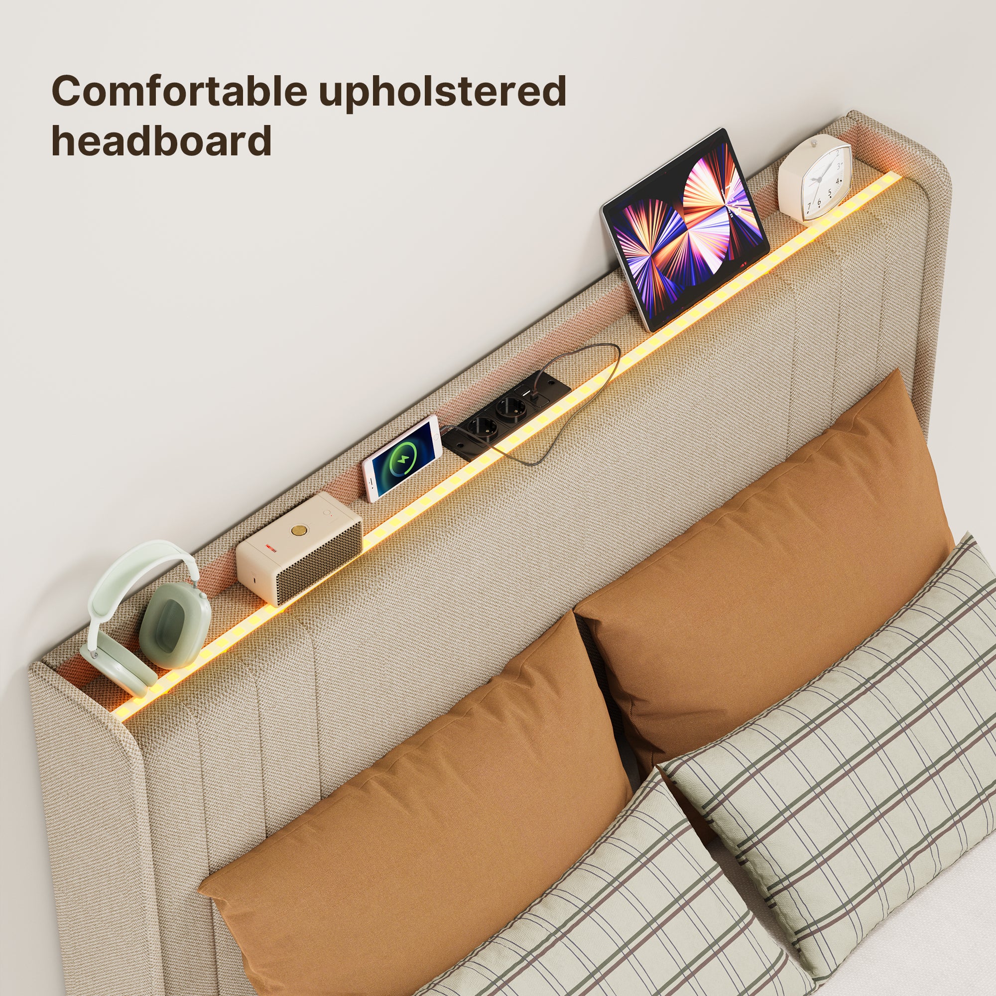 Bealife BF28 Gepolstertes Einzelbett 120x200 cm, Metallbettgestell mit LED-Beleuchtung, Kopfteil-Ablage & integrierter Ladestation