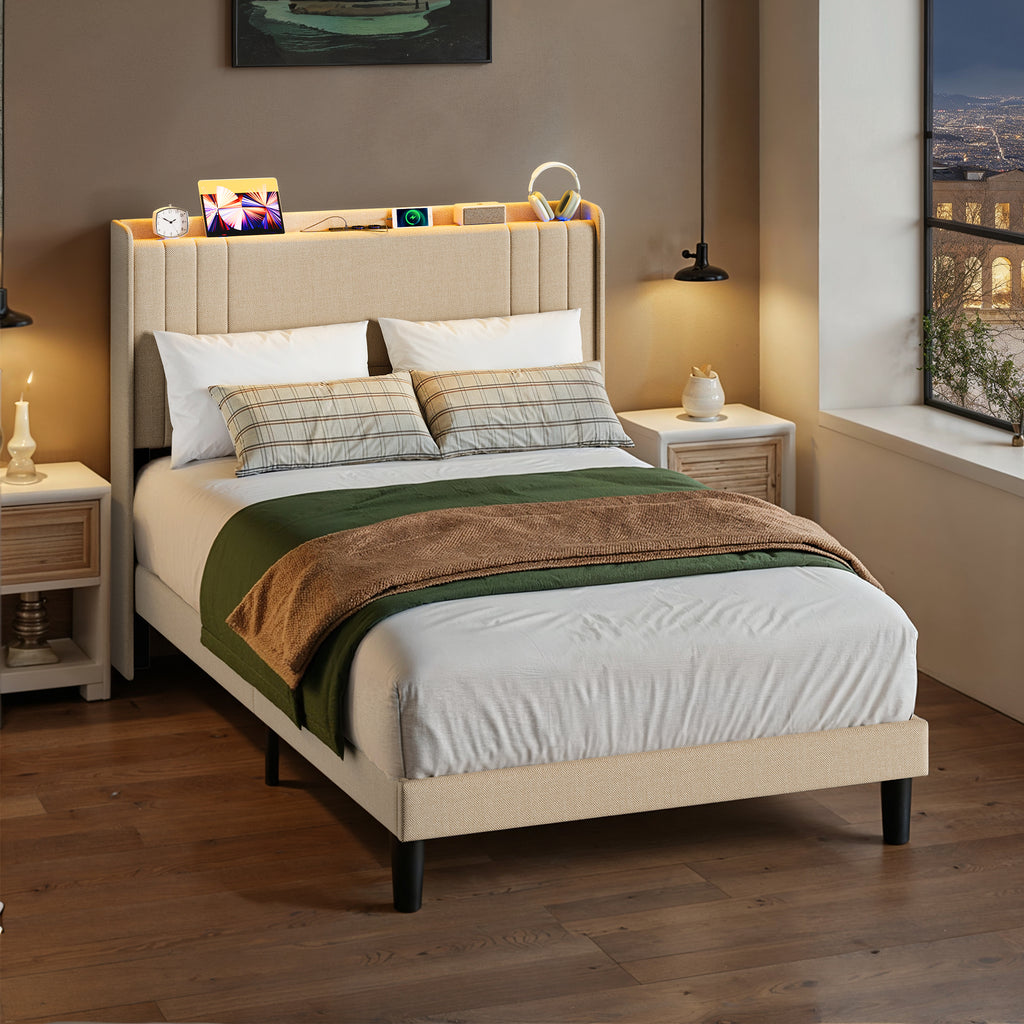 Bealife BF28 Gepolstertes Einzelbett 120x200 cm, Metallbettgestell mit LED-Beleuchtung, Kopfteil-Ablage & integrierter Ladestation