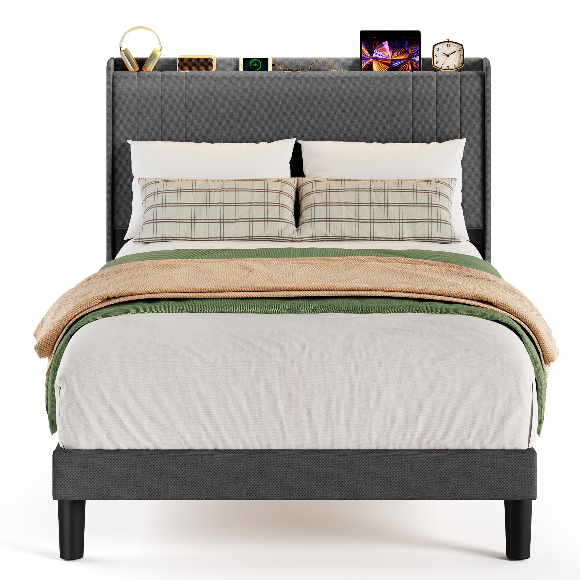 Bealife BF28 Gepolstertes Einzelbett 120x200 cm, Metallbettgestell mit LED-Beleuchtung, Kopfteil-Ablage & integrierter Ladestation
