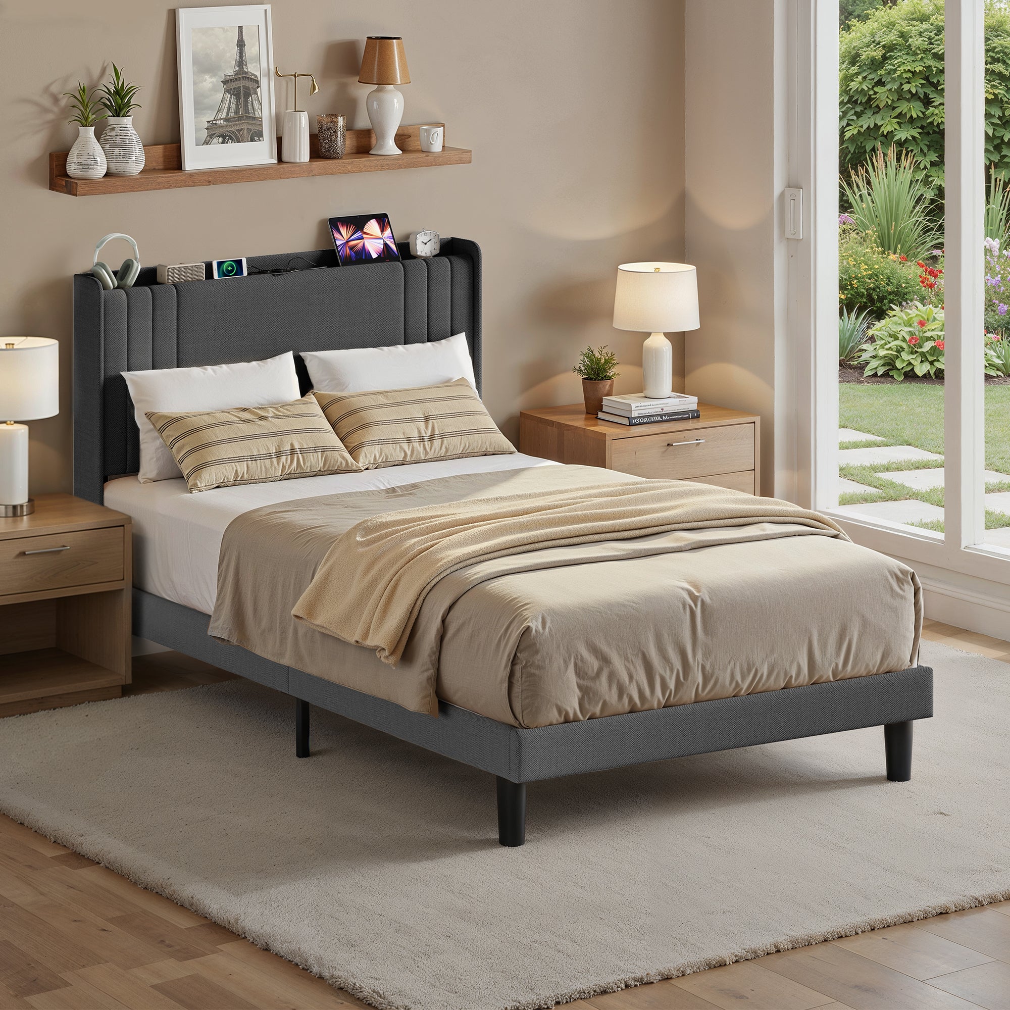 Bealife BF28 Gepolstertes Einzelbett 120x200 cm, Metallbettgestell mit LED-Beleuchtung, Kopfteil-Ablage & integrierter Ladestation