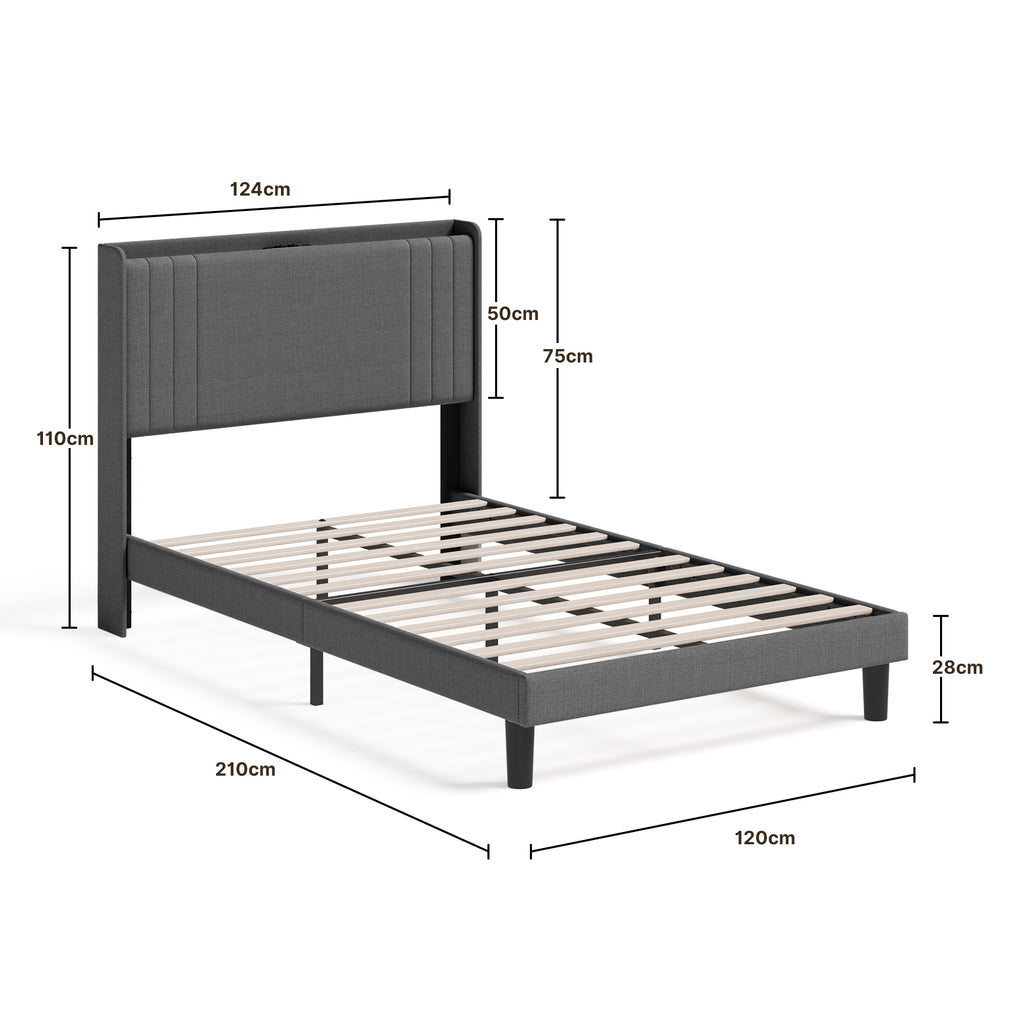 Bealife BF28 Gepolstertes Einzelbett 120x200 cm, Metallbettgestell mit LED-Beleuchtung, Kopfteil-Ablage & integrierter Ladestation