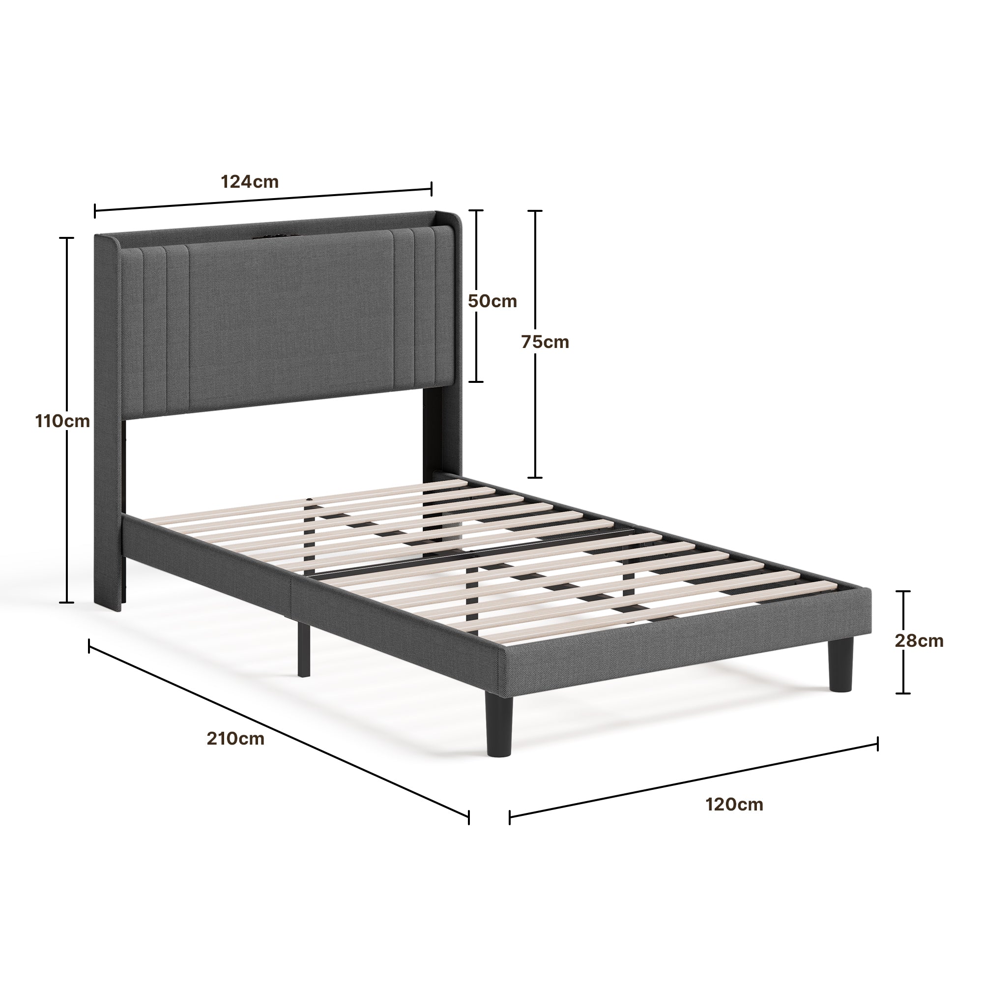 Bealife BF28 Gepolstertes Einzelbett 120x200 cm, Metallbettgestell mit LED-Beleuchtung, Kopfteil-Ablage & integrierter Ladestation