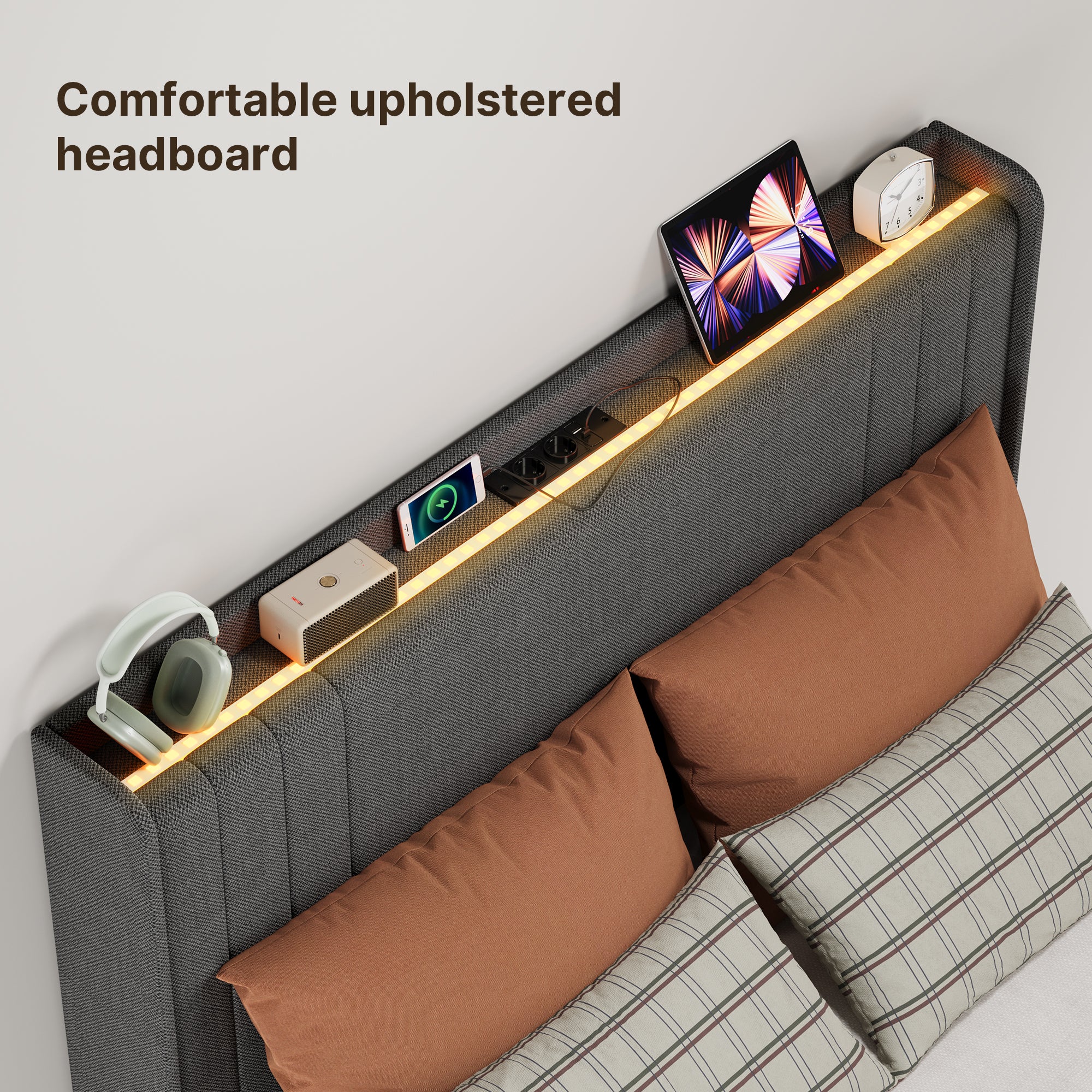 Bealife BF28 Gepolstertes Einzelbett 120x200 cm, Metallbettgestell mit LED-Beleuchtung, Kopfteil-Ablage & integrierter Ladestation