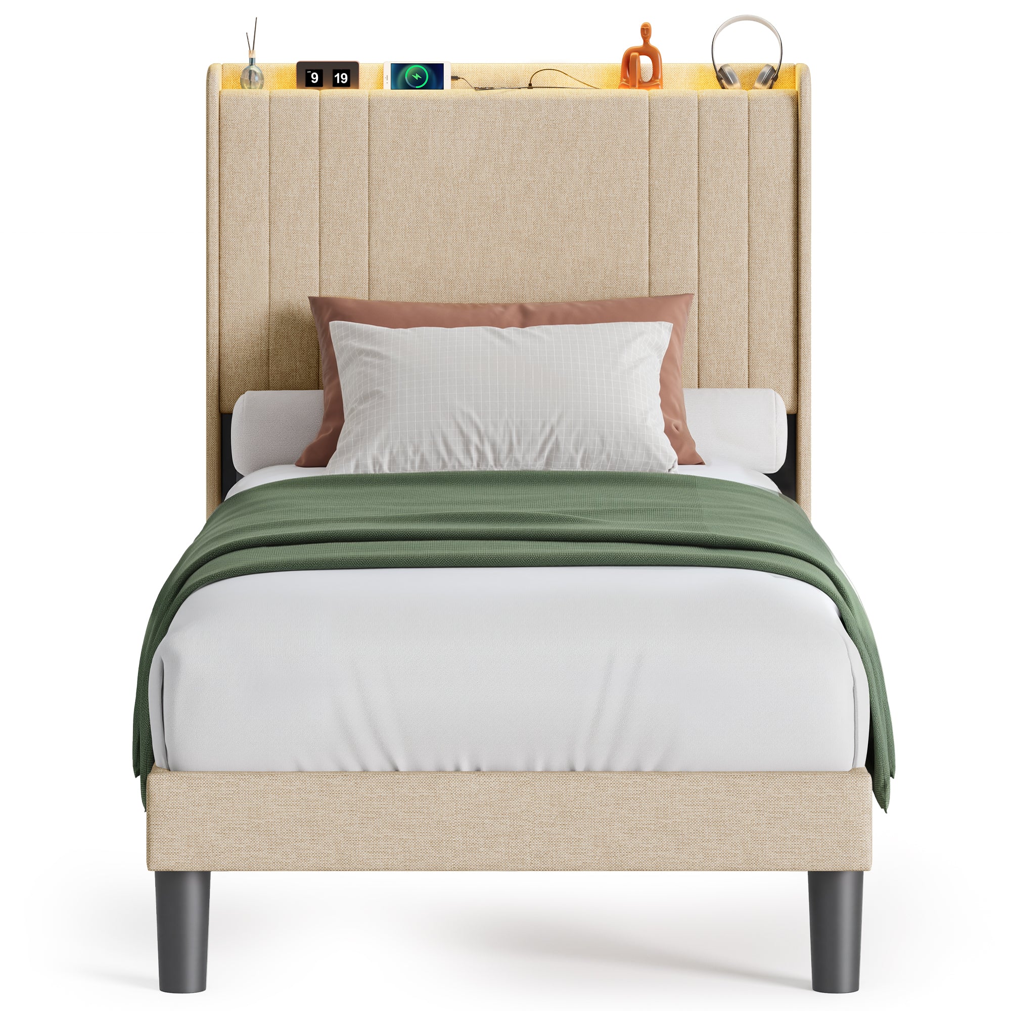 Bealife BF28 Gepolstertes Einzelbett 90x200 cm, Metallbettgestell mit LED-Beleuchtung, Kopfteil-Ablage & integrierter Ladestation