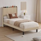 Bealife BF28 Gepolstertes Einzelbett 90x200 cm, Metallbettgestell mit LED-Beleuchtung, Kopfteil-Ablage & integrierter Ladestation