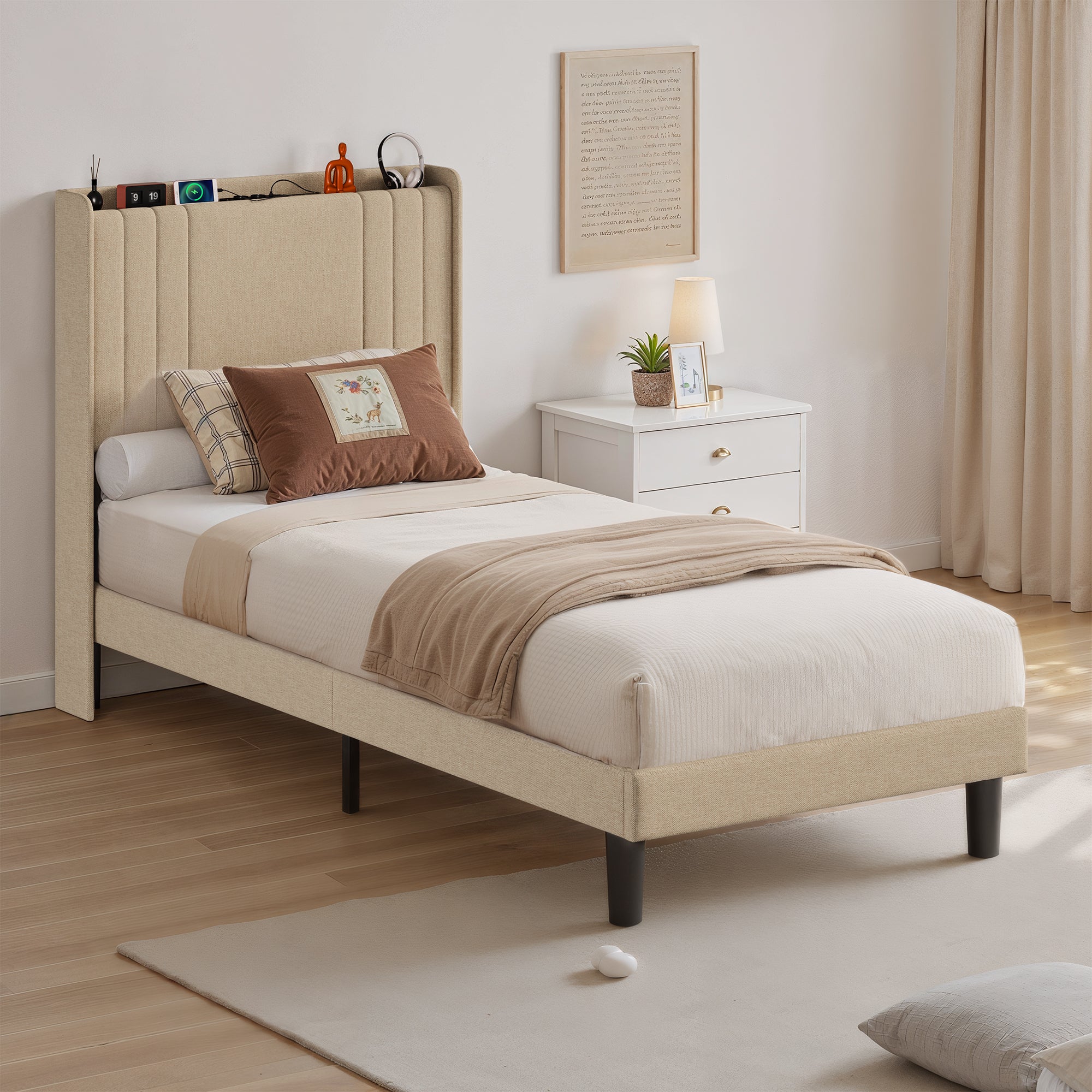 Bealife BF28 Gepolstertes Einzelbett 90x200 cm, Metallbettgestell mit LED-Beleuchtung, Kopfteil-Ablage & integrierter Ladestation