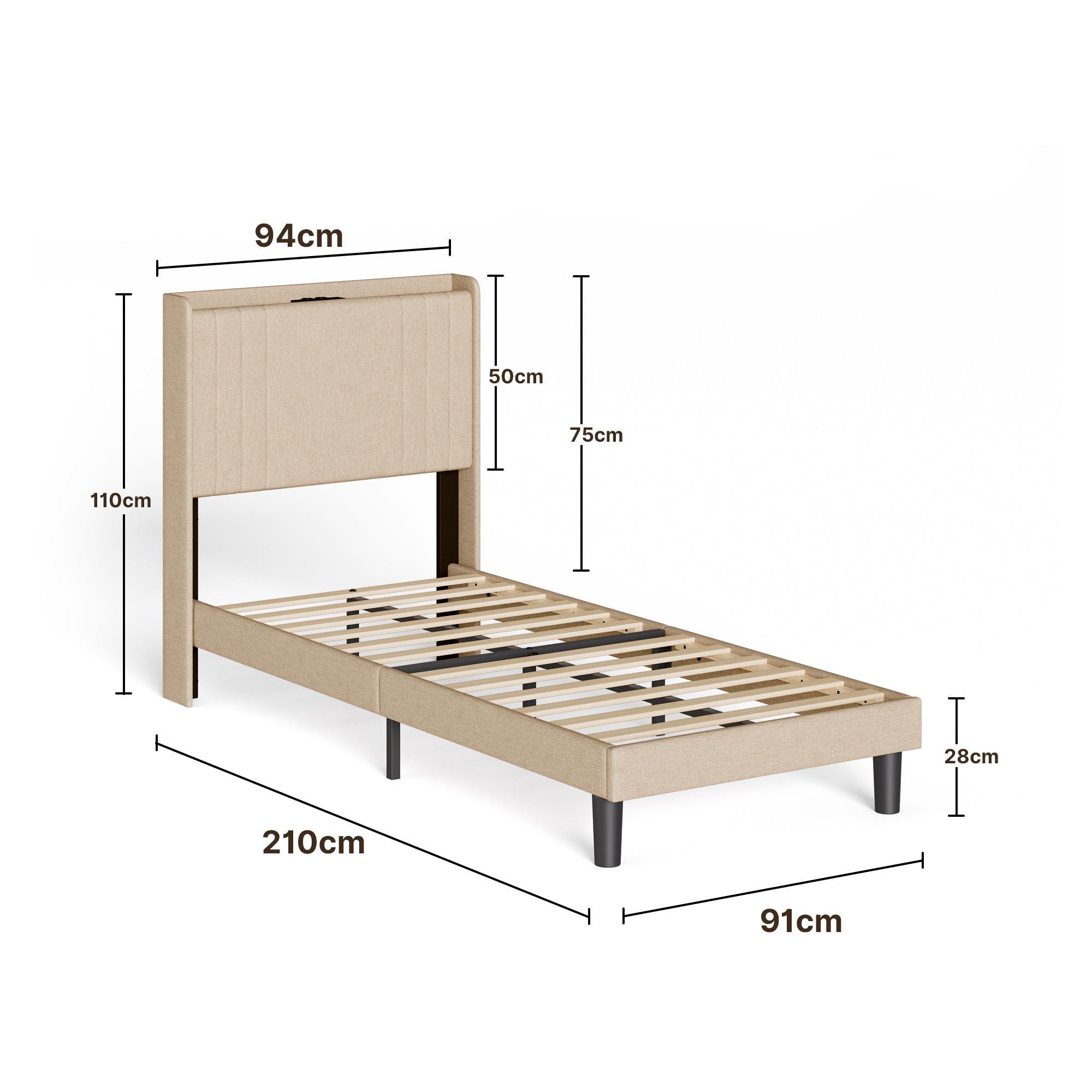 Bealife BF28 Gepolstertes Einzelbett 90x200 cm, Metallbettgestell mit LED-Beleuchtung, Kopfteil-Ablage & integrierter Ladestation