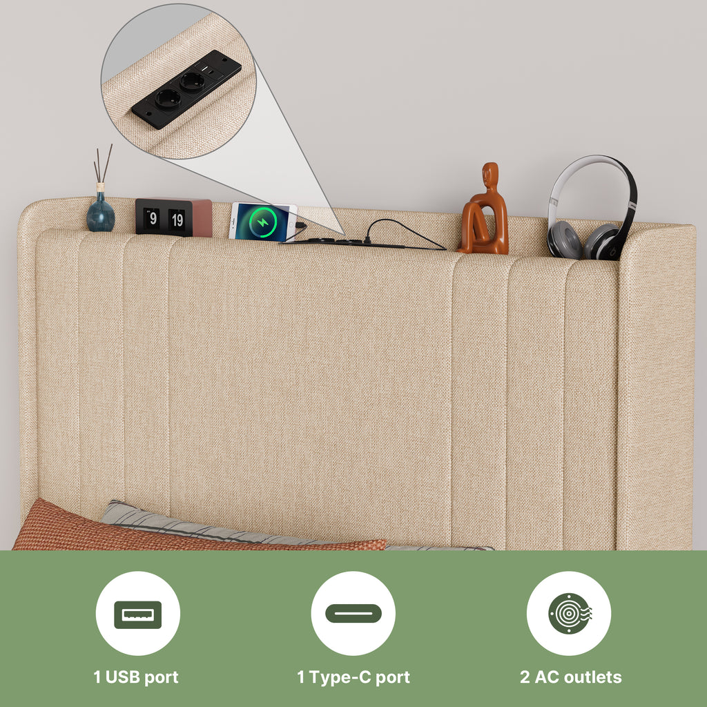 Bealife BF28 Gepolstertes Einzelbett 90x200 cm, Metallbettgestell mit LED-Beleuchtung, Kopfteil-Ablage & integrierter Ladestation