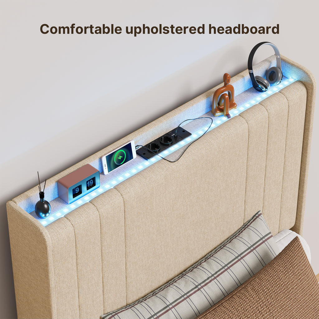 Bealife BF28 Gepolstertes Einzelbett 90x200 cm, Metallbettgestell mit LED-Beleuchtung, Kopfteil-Ablage & integrierter Ladestation