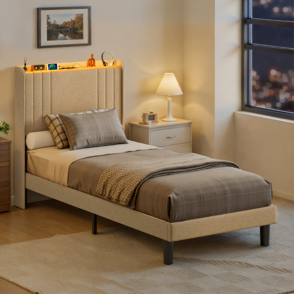 Bealife BF28 Gepolstertes Einzelbett 90x200 cm, Metallbettgestell mit LED-Beleuchtung, Kopfteil-Ablage & integrierter Ladestation