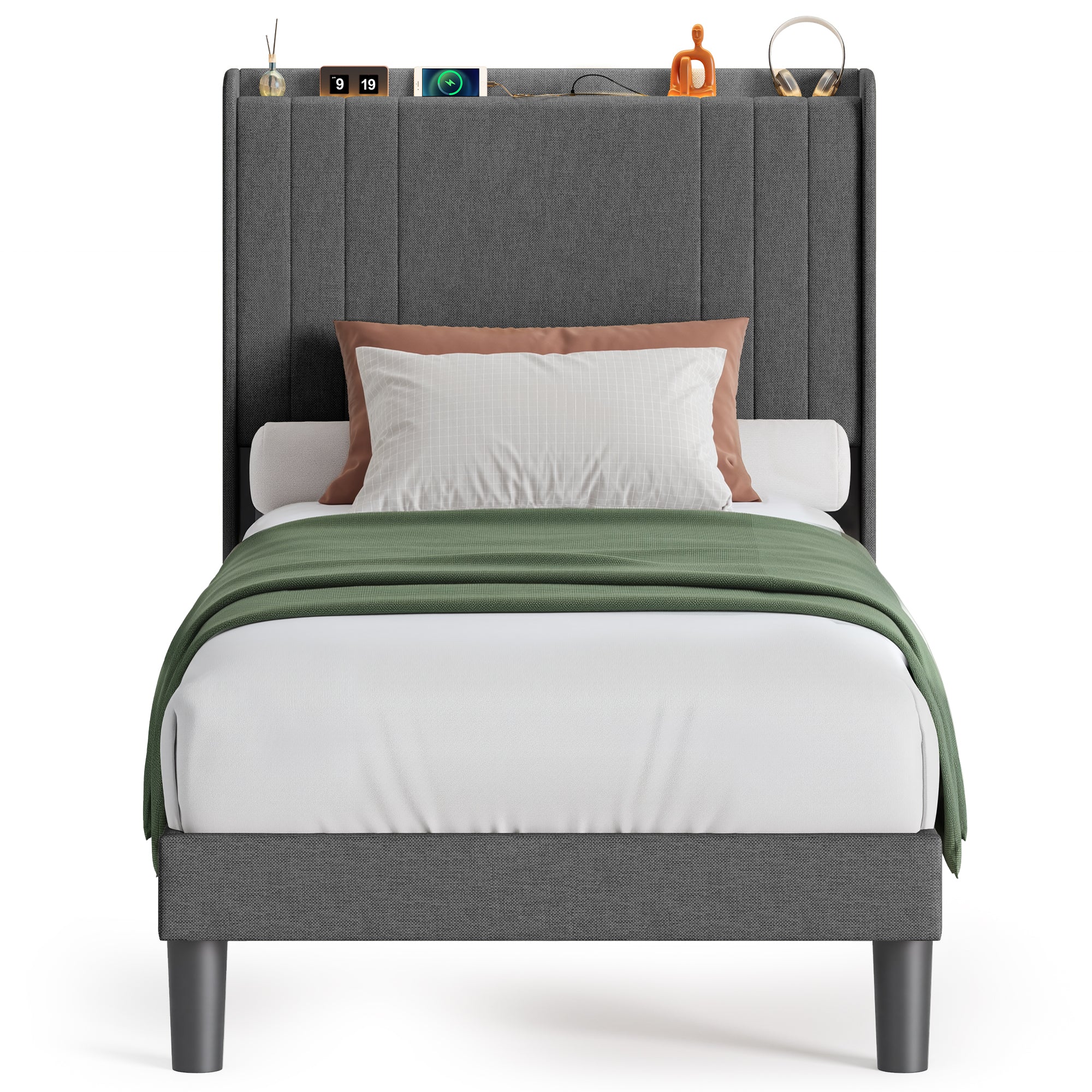 Bealife BF28 Gepolstertes Einzelbett 90x200 cm, Metallbettgestell mit LED-Beleuchtung, Kopfteil-Ablage & integrierter Ladestation