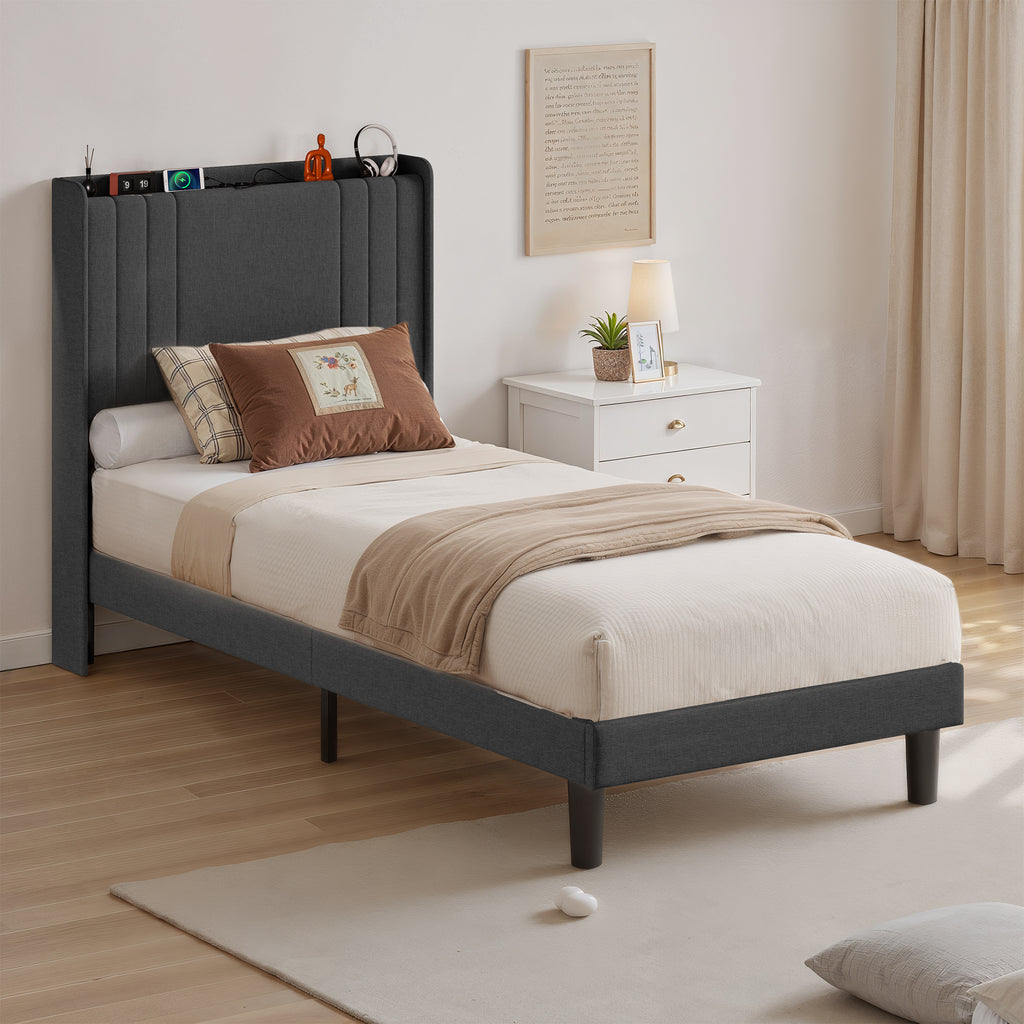 Bealife BF28 Gepolstertes Einzelbett 90x200 cm, Metallbettgestell mit LED-Beleuchtung, Kopfteil-Ablage & integrierter Ladestation