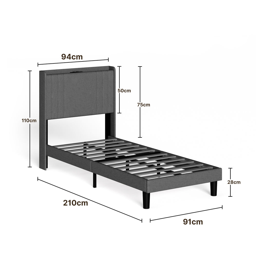 Bealife BF28 Gepolstertes Einzelbett 90x200 cm, Metallbettgestell mit LED-Beleuchtung, Kopfteil-Ablage & integrierter Ladestation