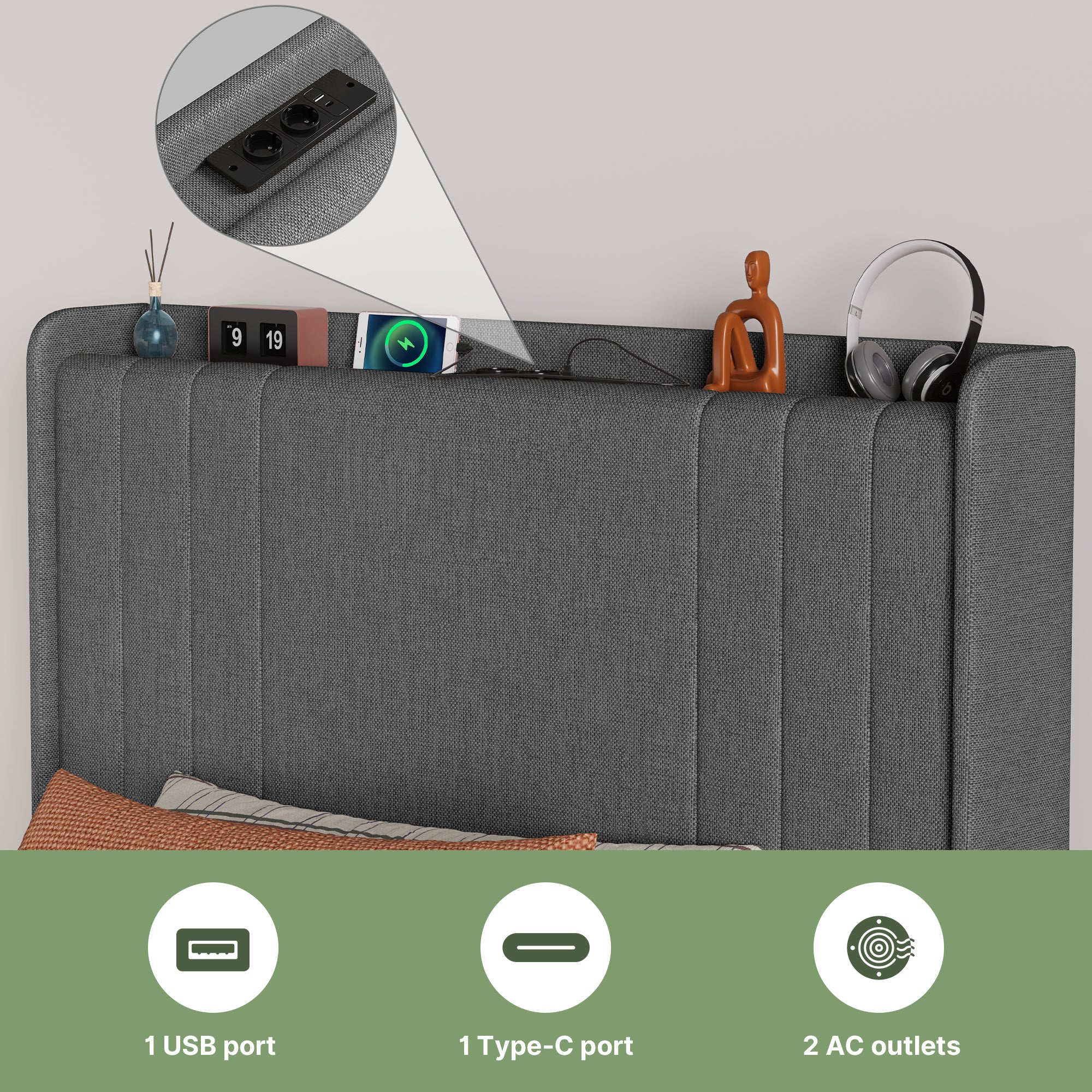 Bealife BF28 Gepolstertes Einzelbett 90x200 cm, Metallbettgestell mit LED-Beleuchtung, Kopfteil-Ablage & integrierter Ladestation