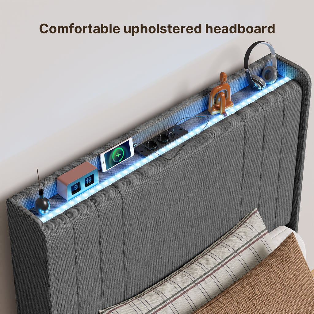 Bealife BF28 Gepolstertes Einzelbett 90x200 cm, Metallbettgestell mit LED-Beleuchtung, Kopfteil-Ablage & integrierter Ladestation