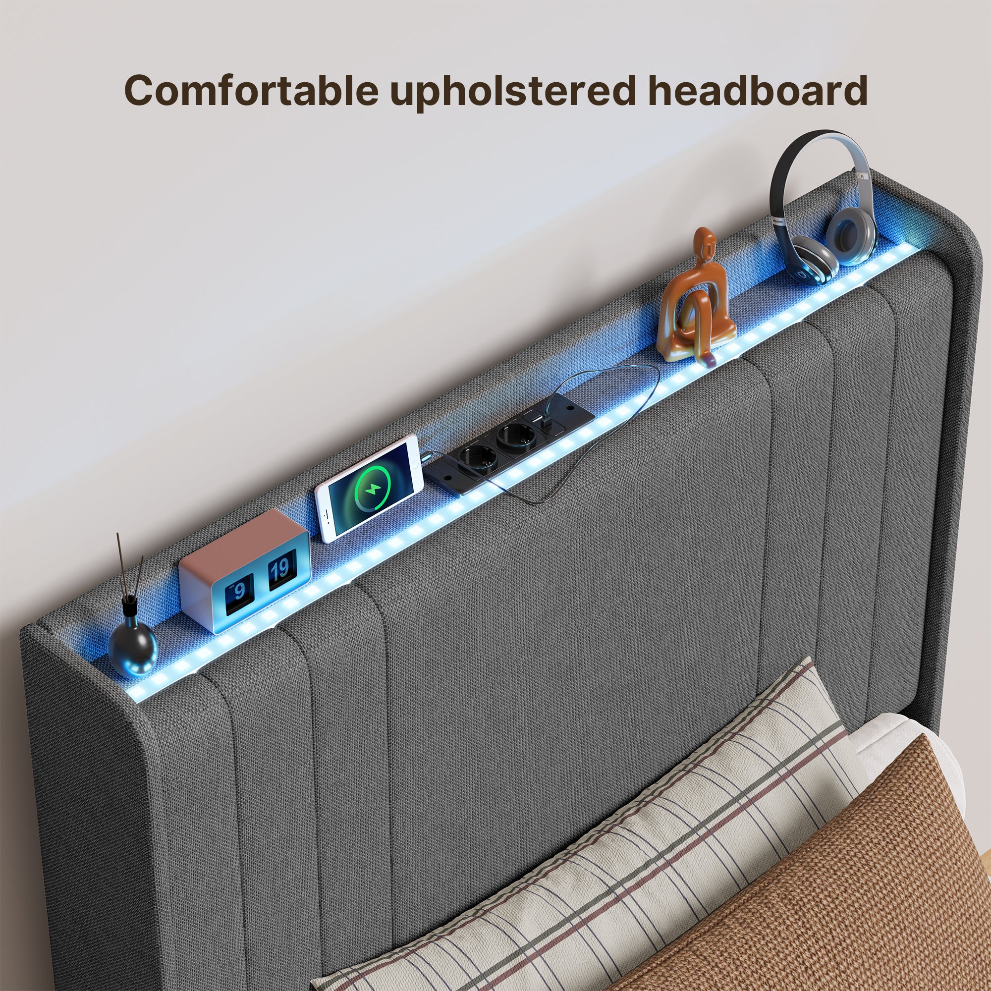 Bealife BF28 Gepolstertes Einzelbett 90x200 cm, Metallbettgestell mit LED-Beleuchtung, Kopfteil-Ablage & integrierter Ladestation