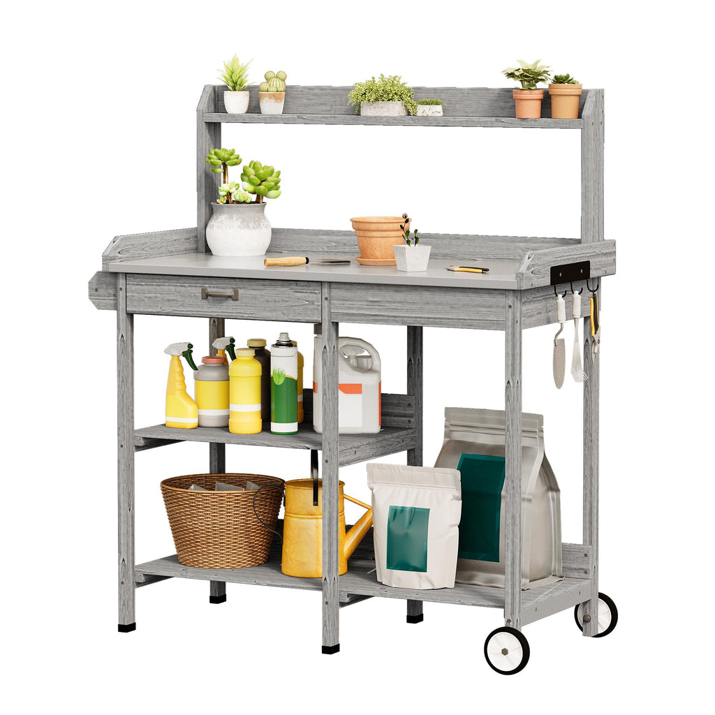 Bealife CC53 Multifunktional Gartenwagen mit Pflanzfläche, Pflanztisch Holz mit Rollen und Schublade