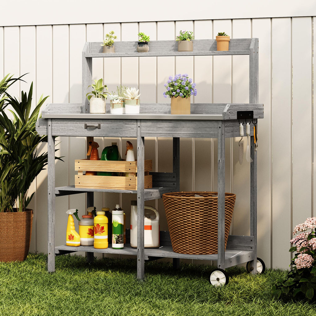 Bealife CC53 Multifunktional Gartenwagen mit Pflanzfläche, Pflanztisch Holz mit Rollen und Schublade