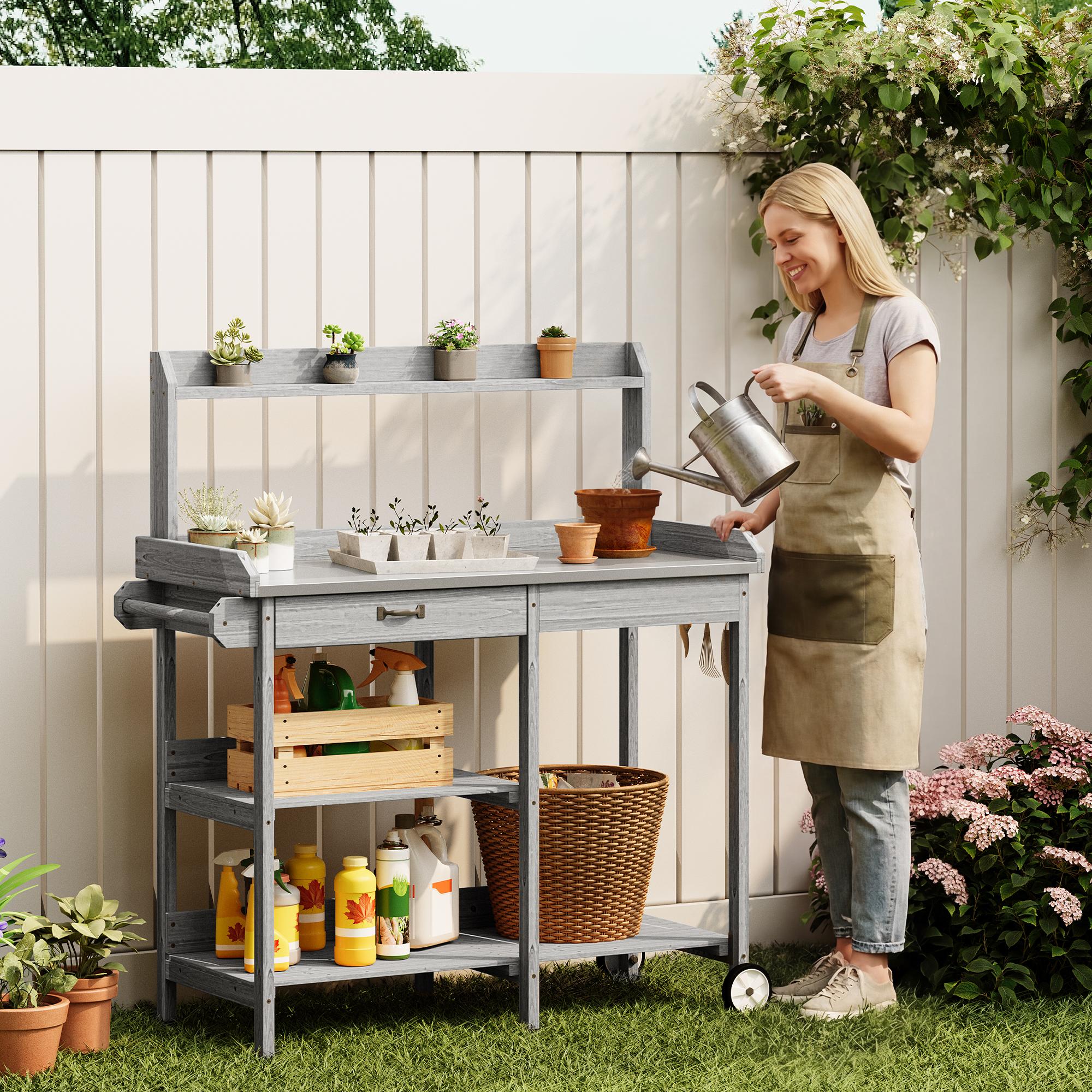 Bealife CC53 Multifunktional Gartenwagen mit Pflanzfläche, Pflanztisch Holz mit Rollen und Schublade