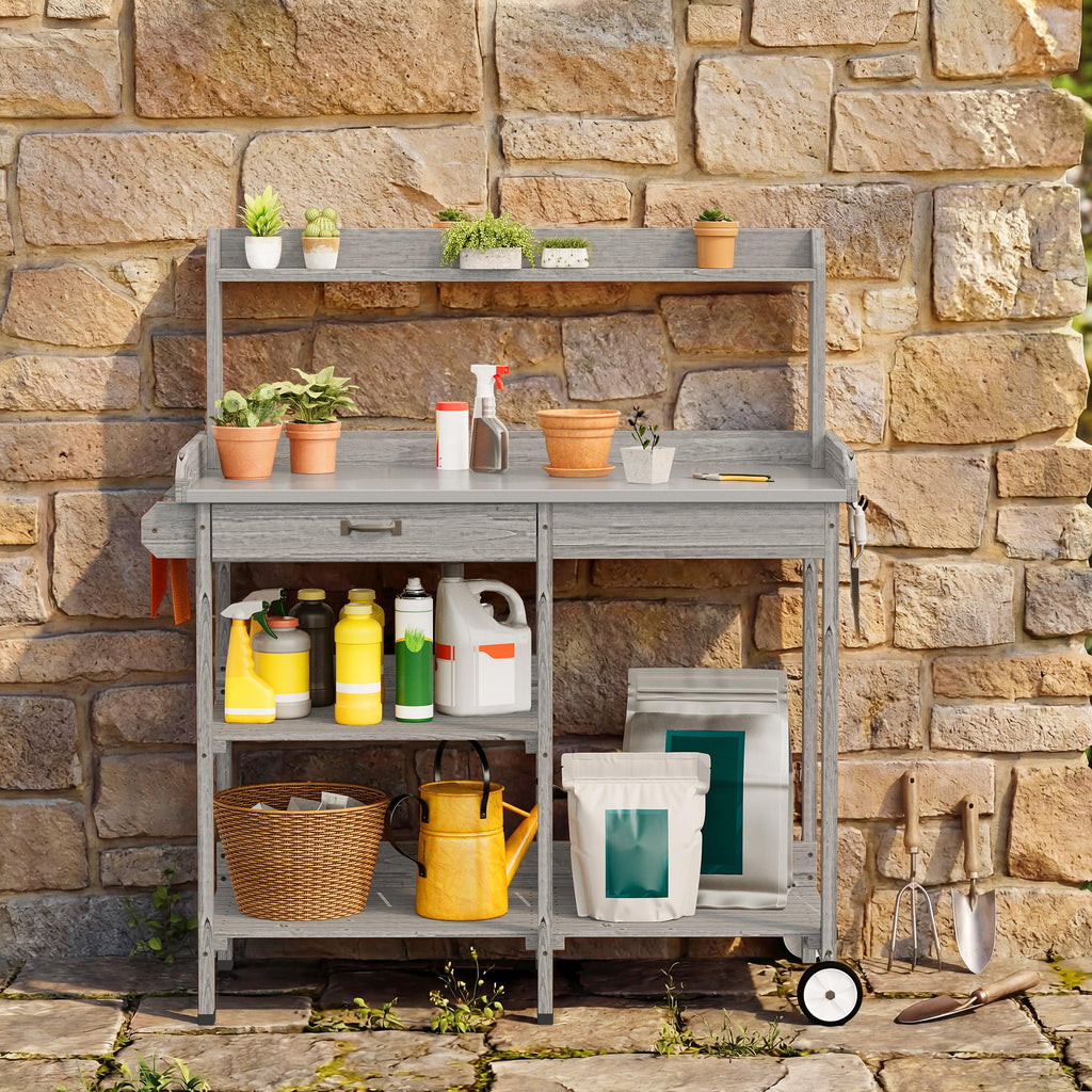 Bealife CC53 Multifunktional Gartenwagen mit Pflanzfläche, Pflanztisch Holz mit Rollen und Schublade