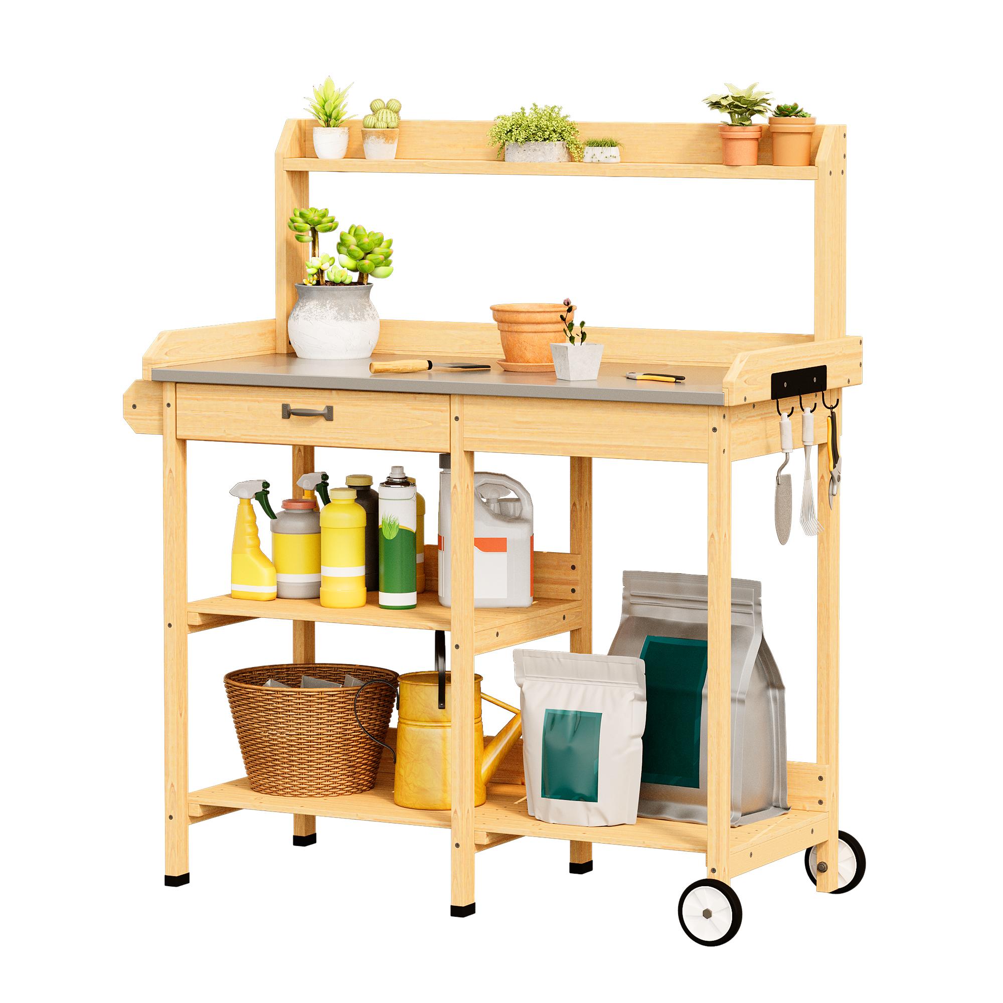 Bealife CC53 Multifunktional Gartenwagen mit Pflanzfläche, Pflanztisch Holz mit Rollen und Schublade