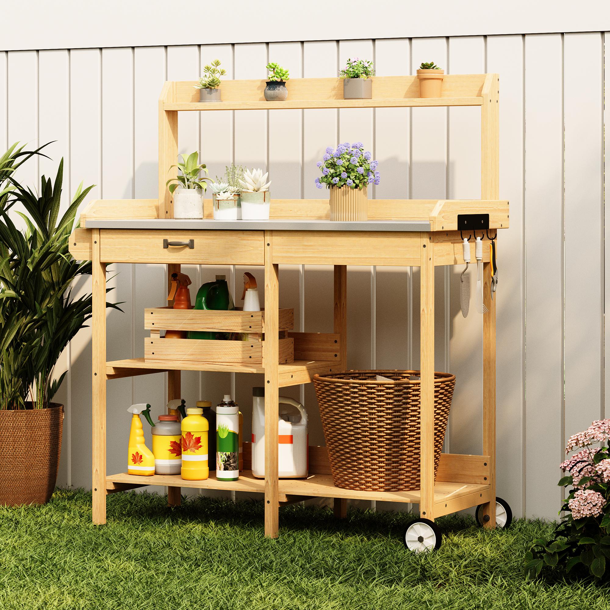 Bealife CC53 Multifunktional Gartenwagen mit Pflanzfläche, Pflanztisch Holz mit Rollen und Schublade