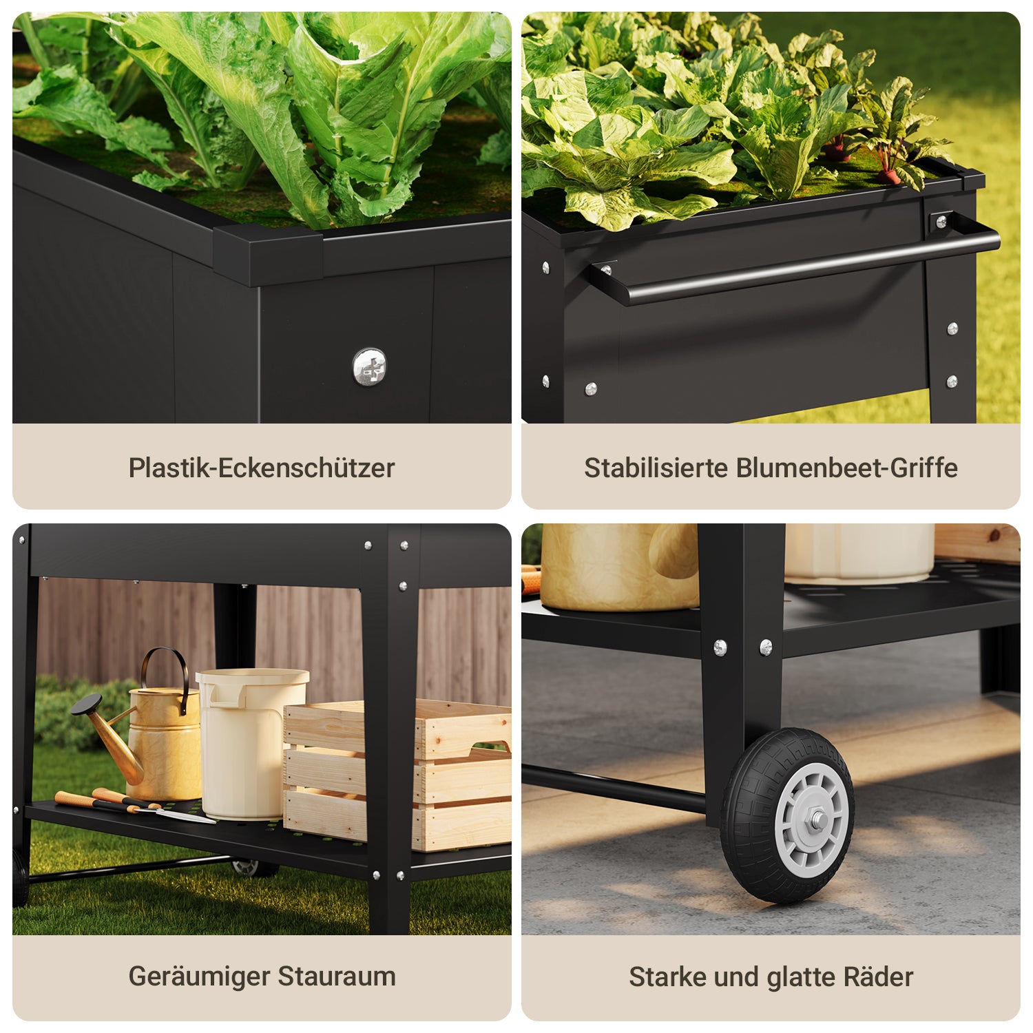 Bealife CC25 Gartenwagen mit Pflanzfläche, mobiles Hochbeet mit Rädern & Abstellfläche – 104 x 41 x 80 cm, wetterfest für Terrasse, Balkon & Garten