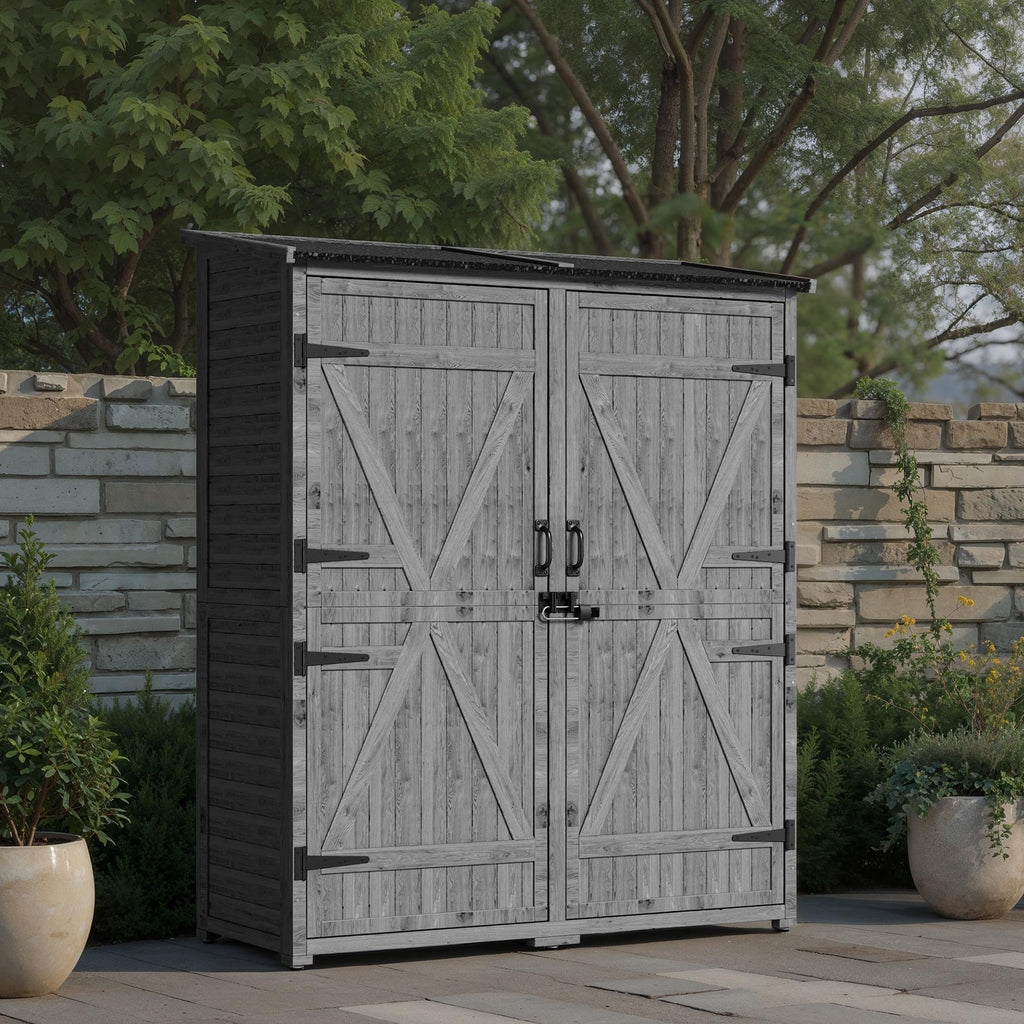 Bealife CC40 Schmaler Holz Geräteschuppen 140×44×162 cm, abschließbar mit abnehmbaren Fachböden und wasserdichtem Dach für Garten & Terrasse
