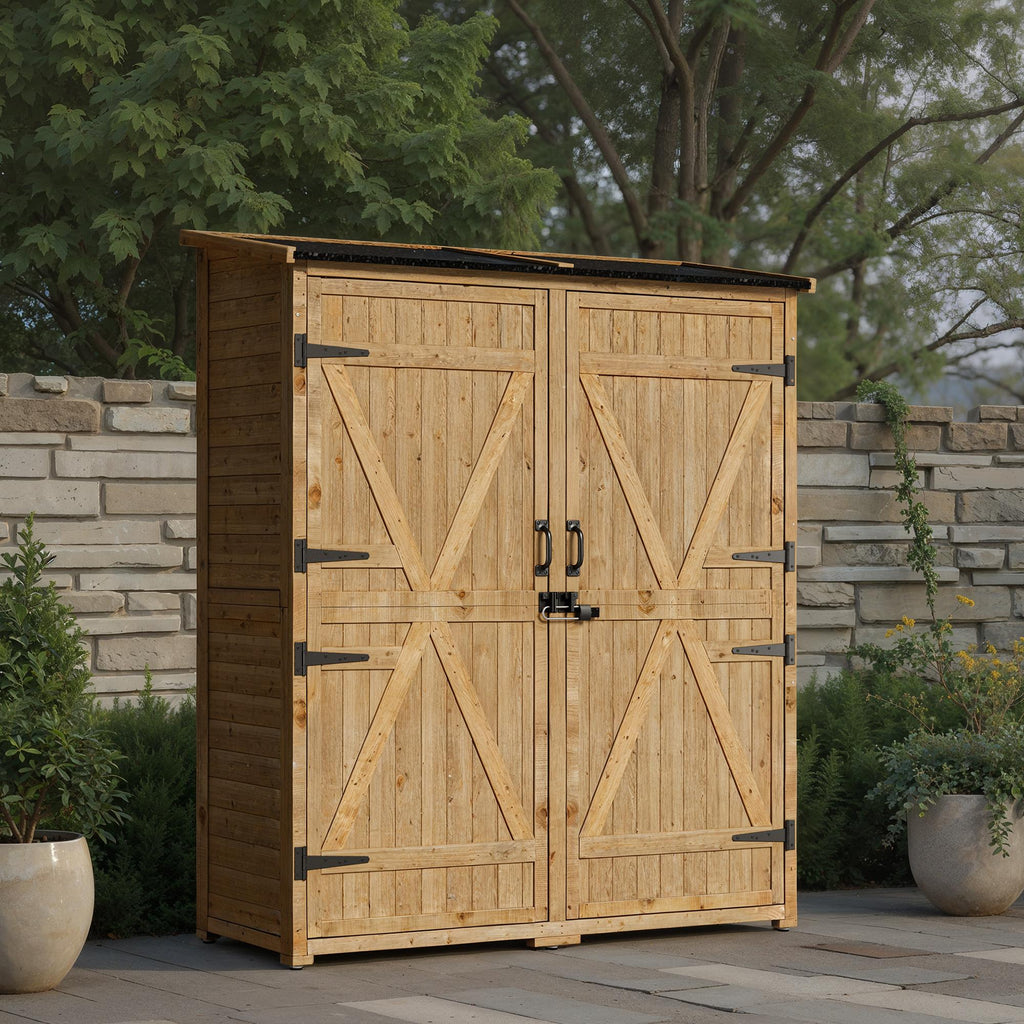 Bealife CC40 Schmaler Holz Geräteschuppen 140×44×162 cm, abschließbar mit abnehmbaren Fachböden und wasserdichtem Dach für Garten & Terrasse