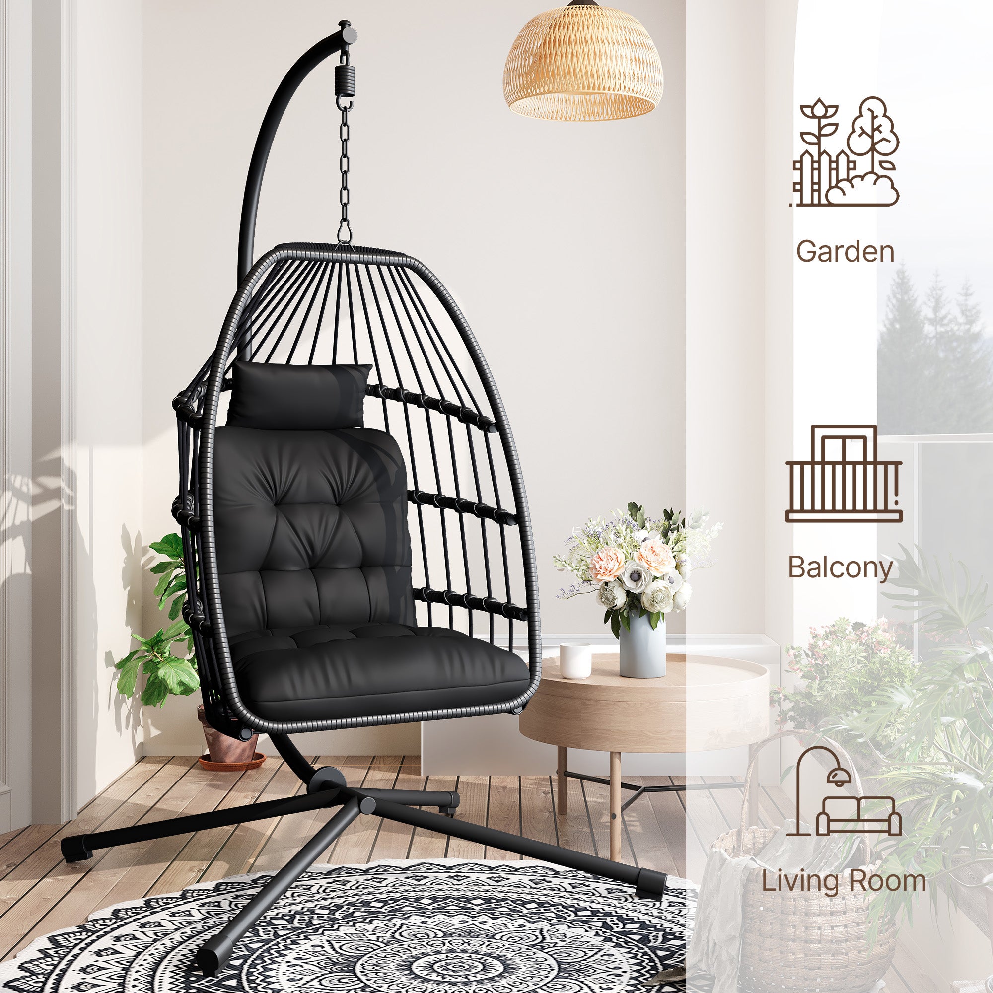 Bealife CD01 Eiförmiger Rattan-Hängesessel 2m inkl. Sitzkissen Für Terrasse, Garten & Balkon