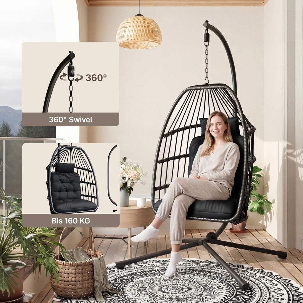Bealife CD01 Eiförmiger Rattan-Hängesessel 2m inkl. Sitzkissen Für Terrasse, Garten & Balkon