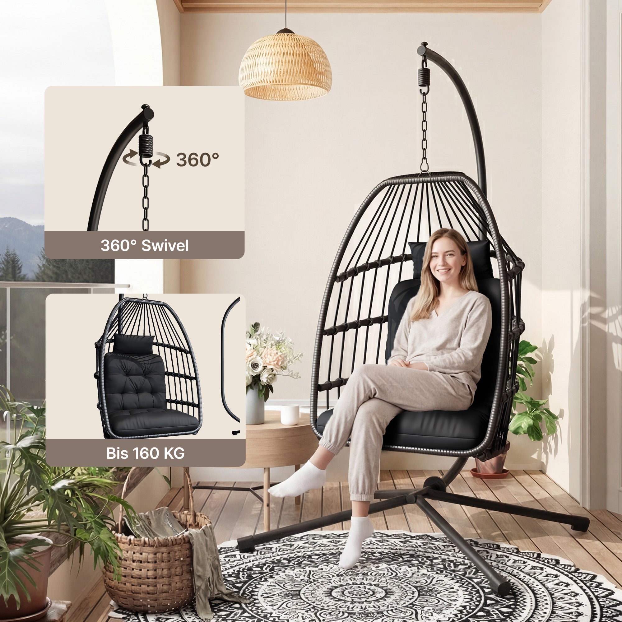 Bealife CD01 Eiförmiger Rattan-Hängesessel 2m inkl. Sitzkissen Für Terrasse, Garten & Balkon