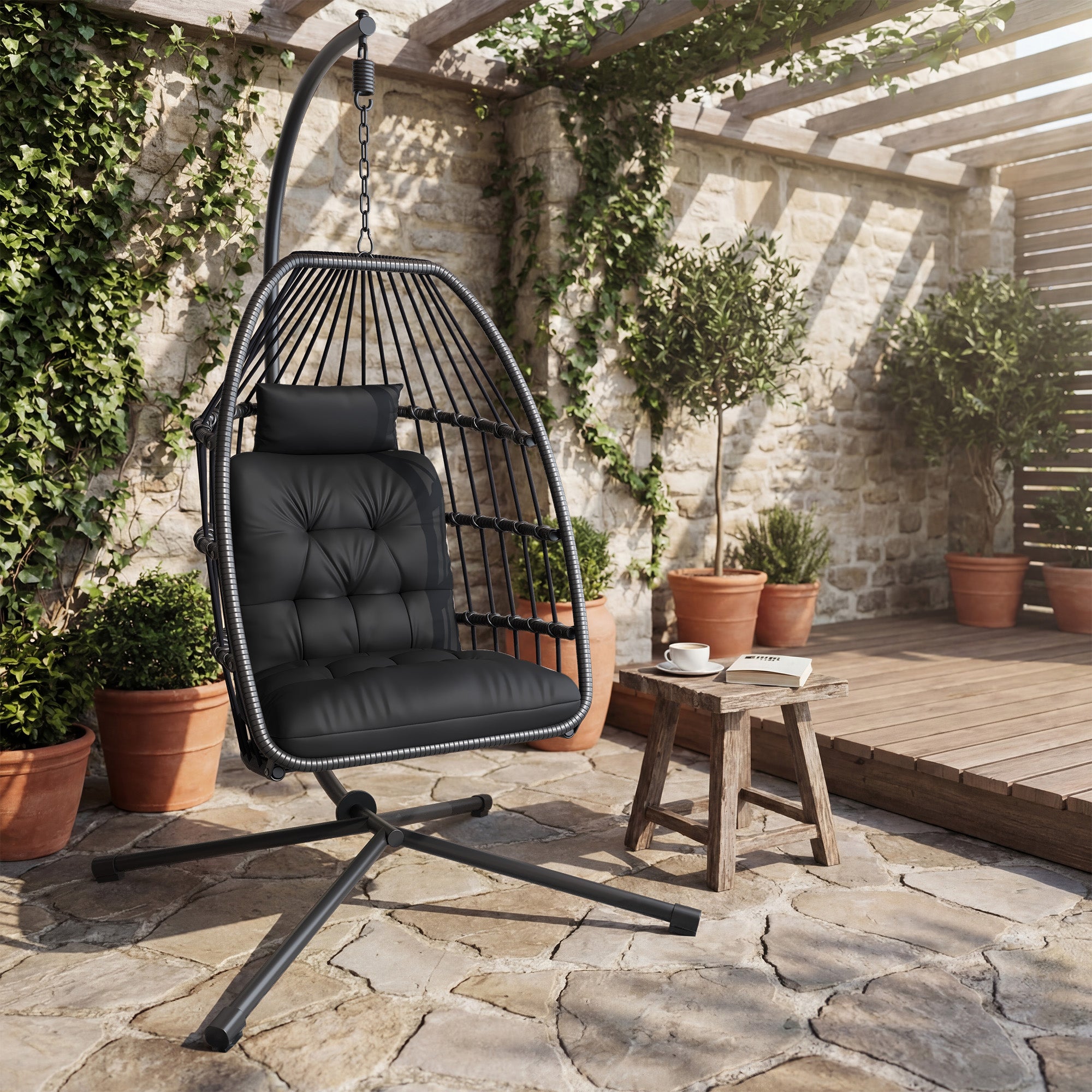 Bealife CD01 Eiförmiger Rattan-Hängesessel 2m inkl. Sitzkissen Für Terrasse, Garten & Balkon