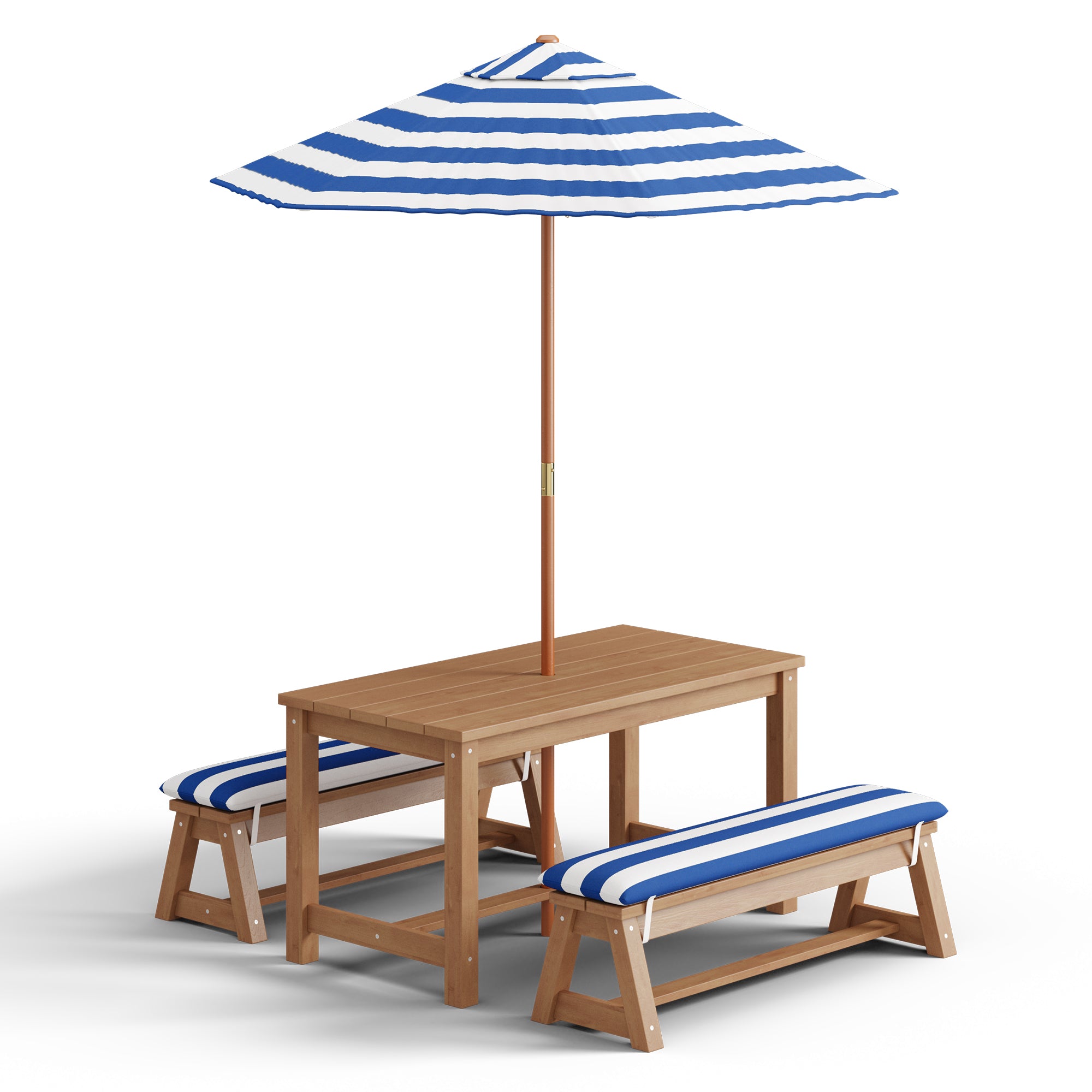 Bealife EB02 Kinder Gartenmöbel-Set 4 tlg., gestreiften Sonnenschirm und 2 Bänken für Terrassen, Balkone und Pools
