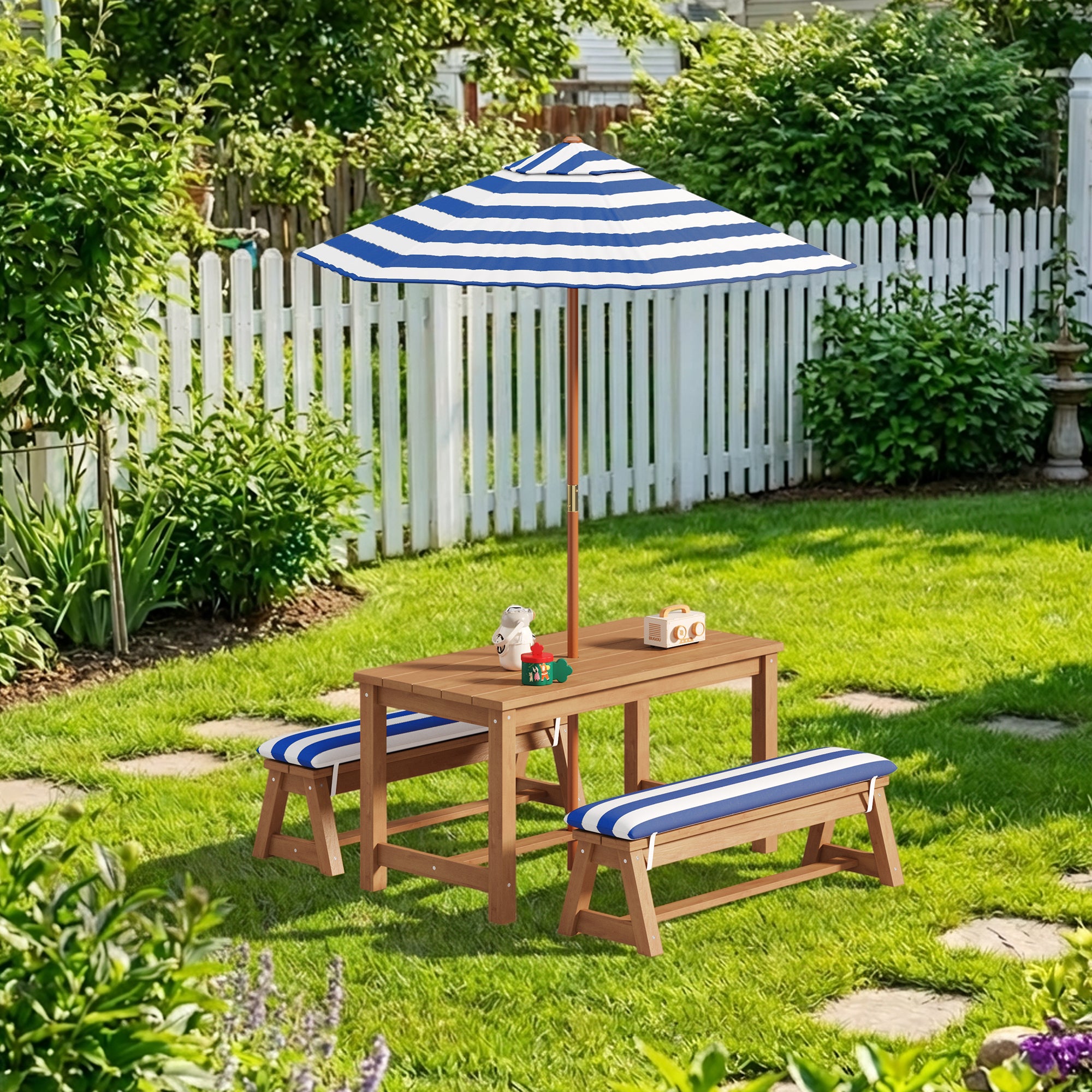 Bealife EB02 Kinder Gartenmöbel-Set 4 tlg., gestreiften Sonnenschirm und 2 Bänken für Terrassen, Balkone und Pools