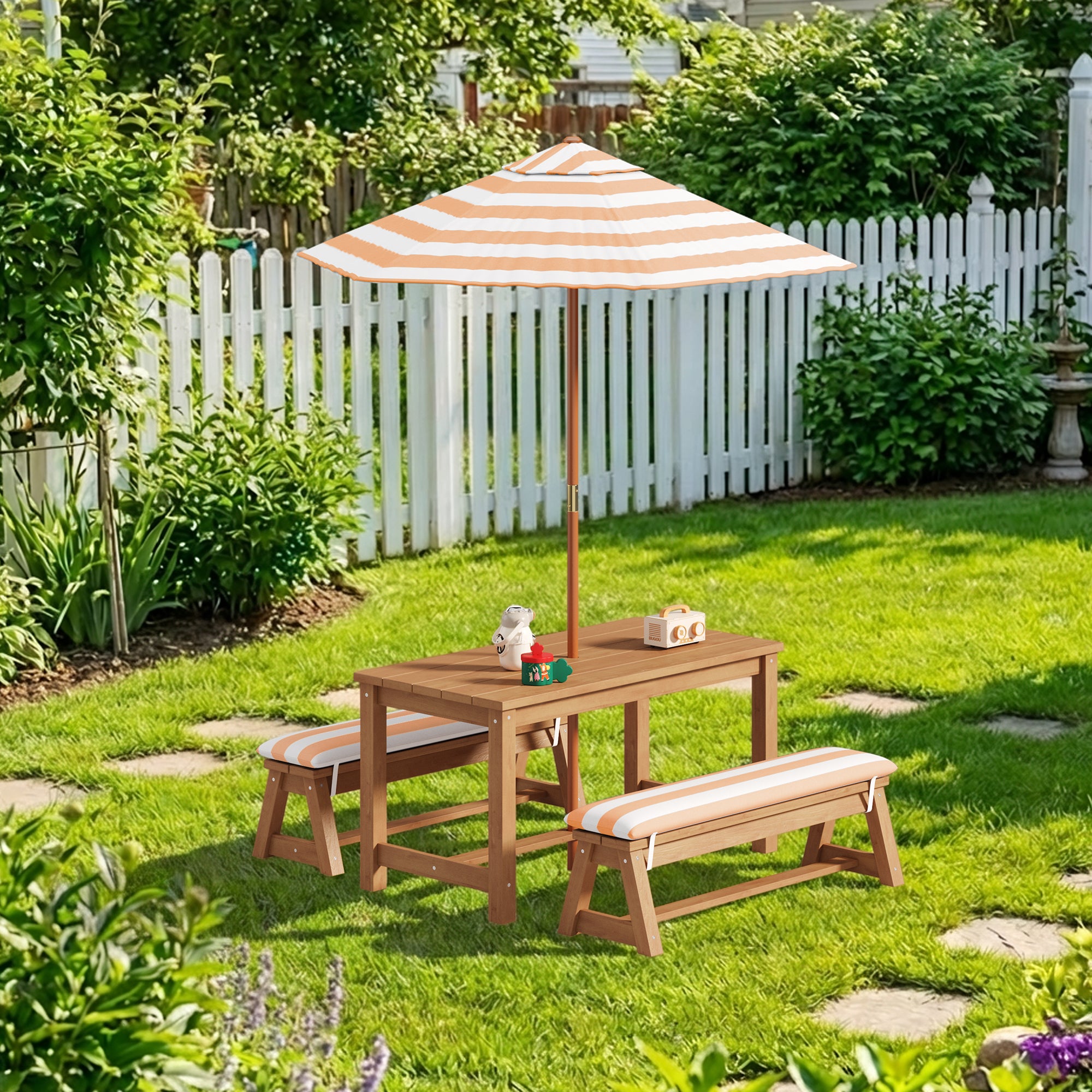Bealife EB02 Kinder Gartenmöbel-Set 4 tlg., gestreiften Sonnenschirm und 2 Bänken für Terrassen, Balkone und Pools