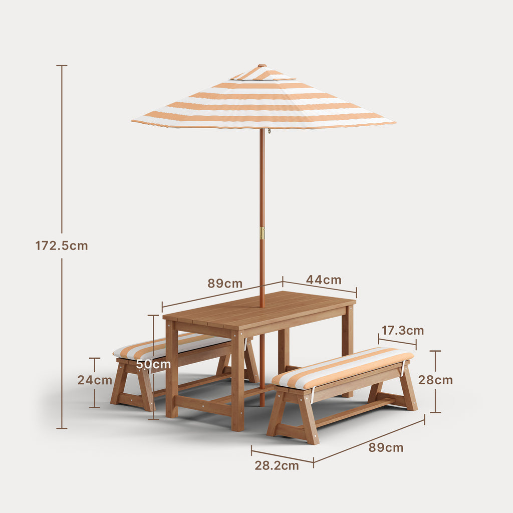 Bealife EB02 Kinder Gartenmöbel-Set 4 tlg., gestreiften Sonnenschirm und 2 Bänken für Terrassen, Balkone und Pools