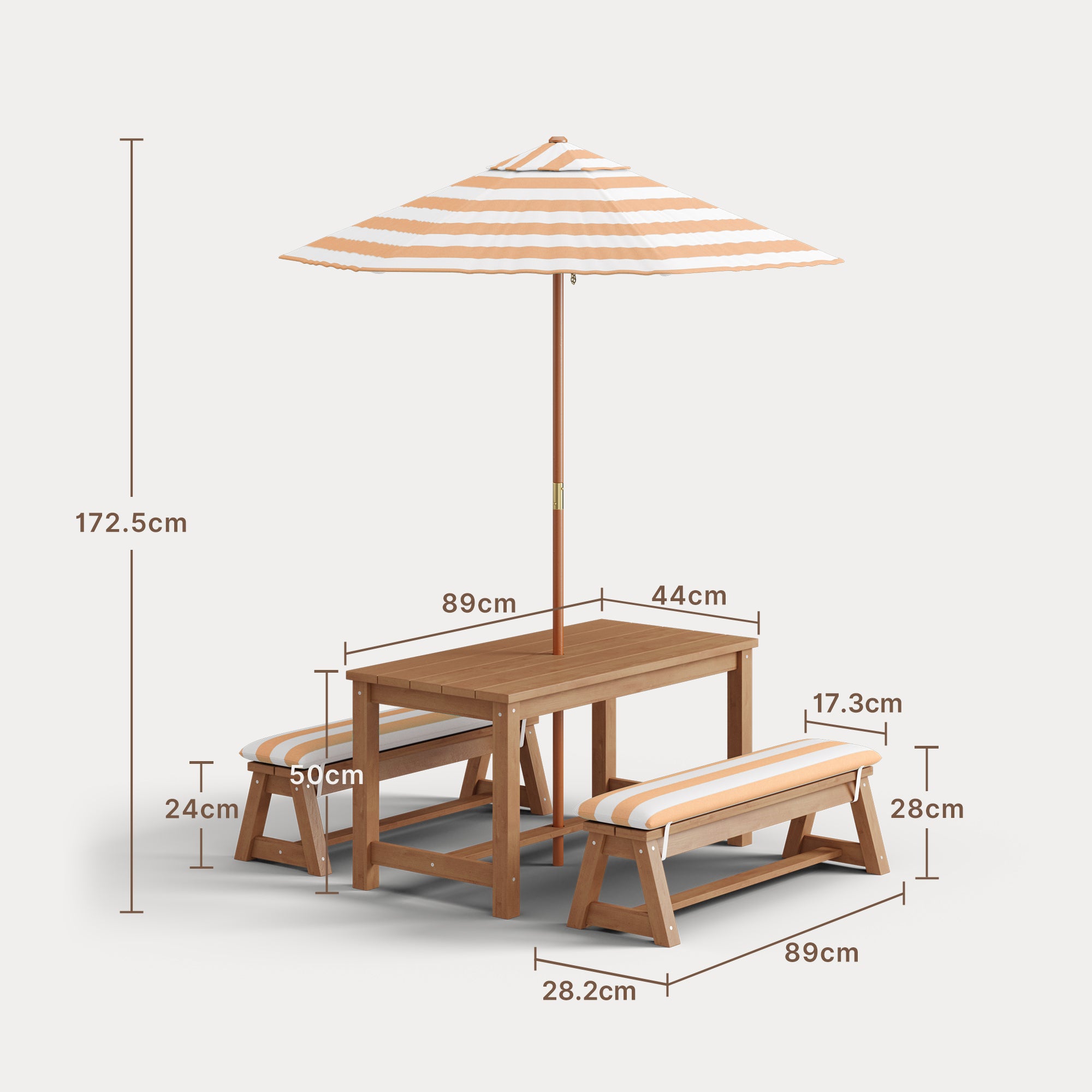 Bealife EB02 Kinder Gartenmöbel-Set 4 tlg., gestreiften Sonnenschirm und 2 Bänken für Terrassen, Balkone und Pools
