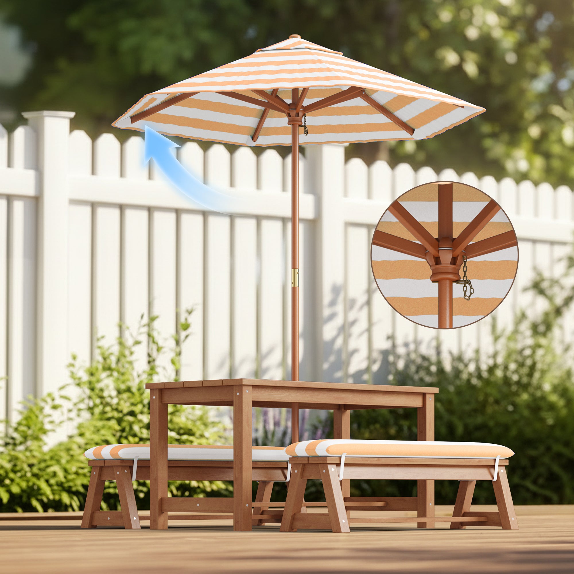 Bealife EB02 Kinder Gartenmöbel-Set 4 tlg., gestreiften Sonnenschirm und 2 Bänken für Terrassen, Balkone und Pools