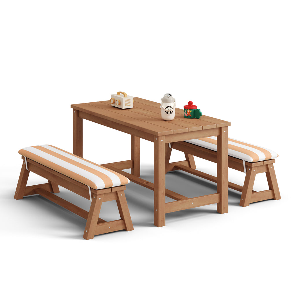 Bealife EB02 Kinder Gartenmöbel-Set 4 tlg., gestreiften Sonnenschirm und 2 Bänken für Terrassen, Balkone und Pools