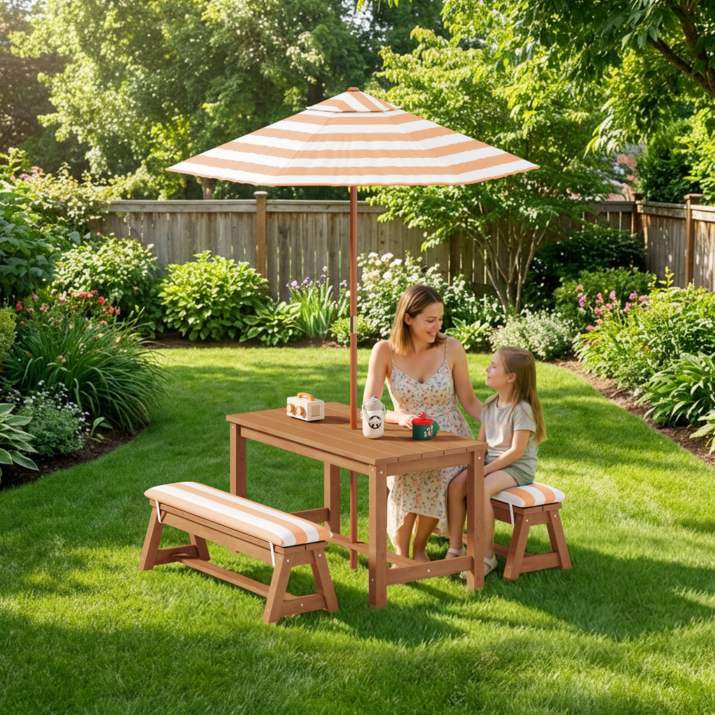 Bealife EB02 Kinder Gartenmöbel-Set 4 tlg., gestreiften Sonnenschirm und 2 Bänken für Terrassen, Balkone und Pools