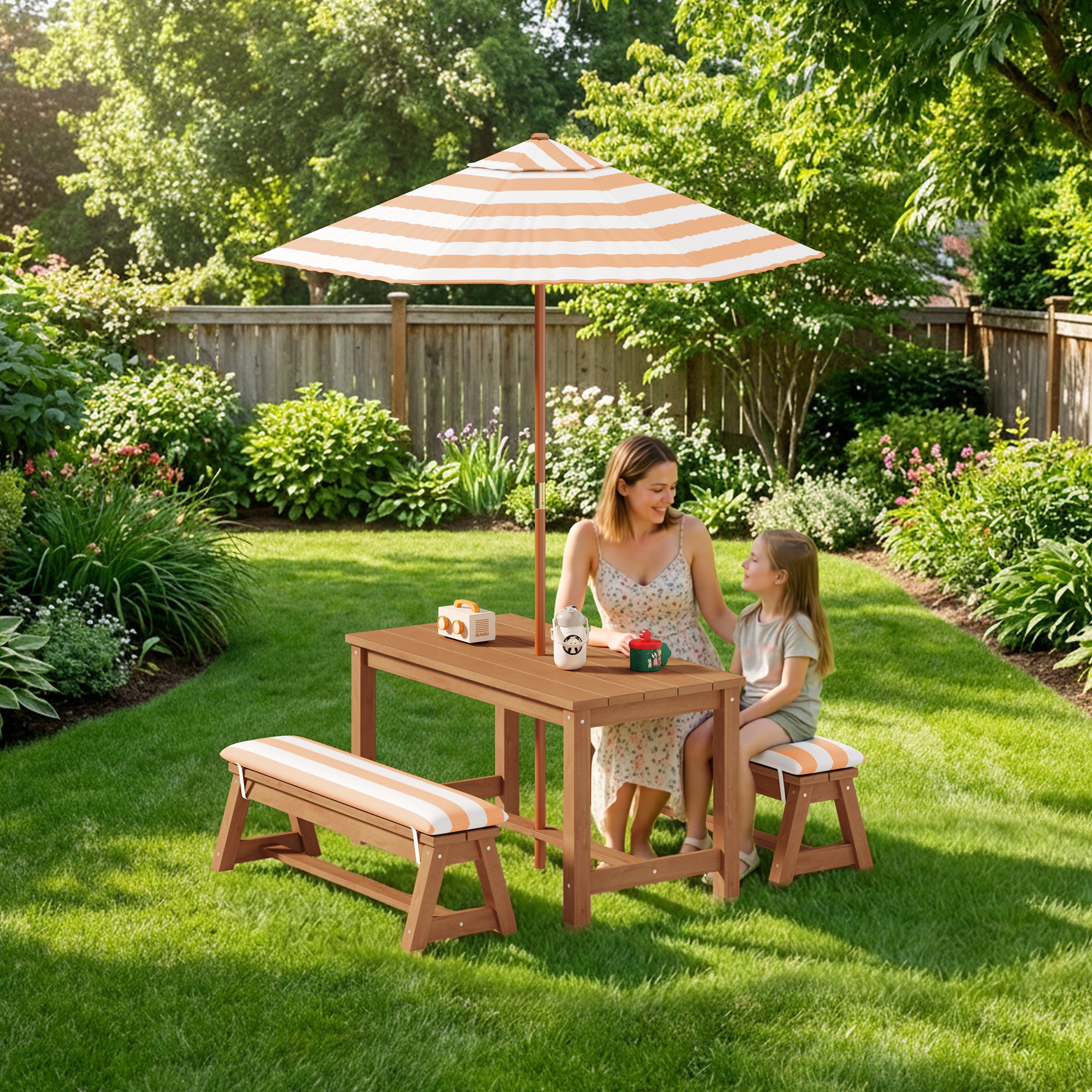 Bealife EB02 Kinder Gartenmöbel-Set 4 tlg., gestreiften Sonnenschirm und 2 Bänken für Terrassen, Balkone und Pools