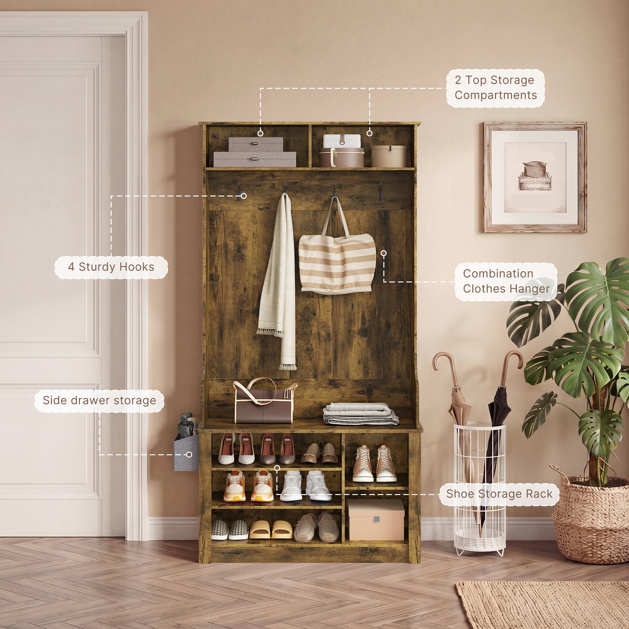Bealife FS29 Garderobenschrank für den Flur, mit Kleiderhaken, Schuhregal und offenen Fächern