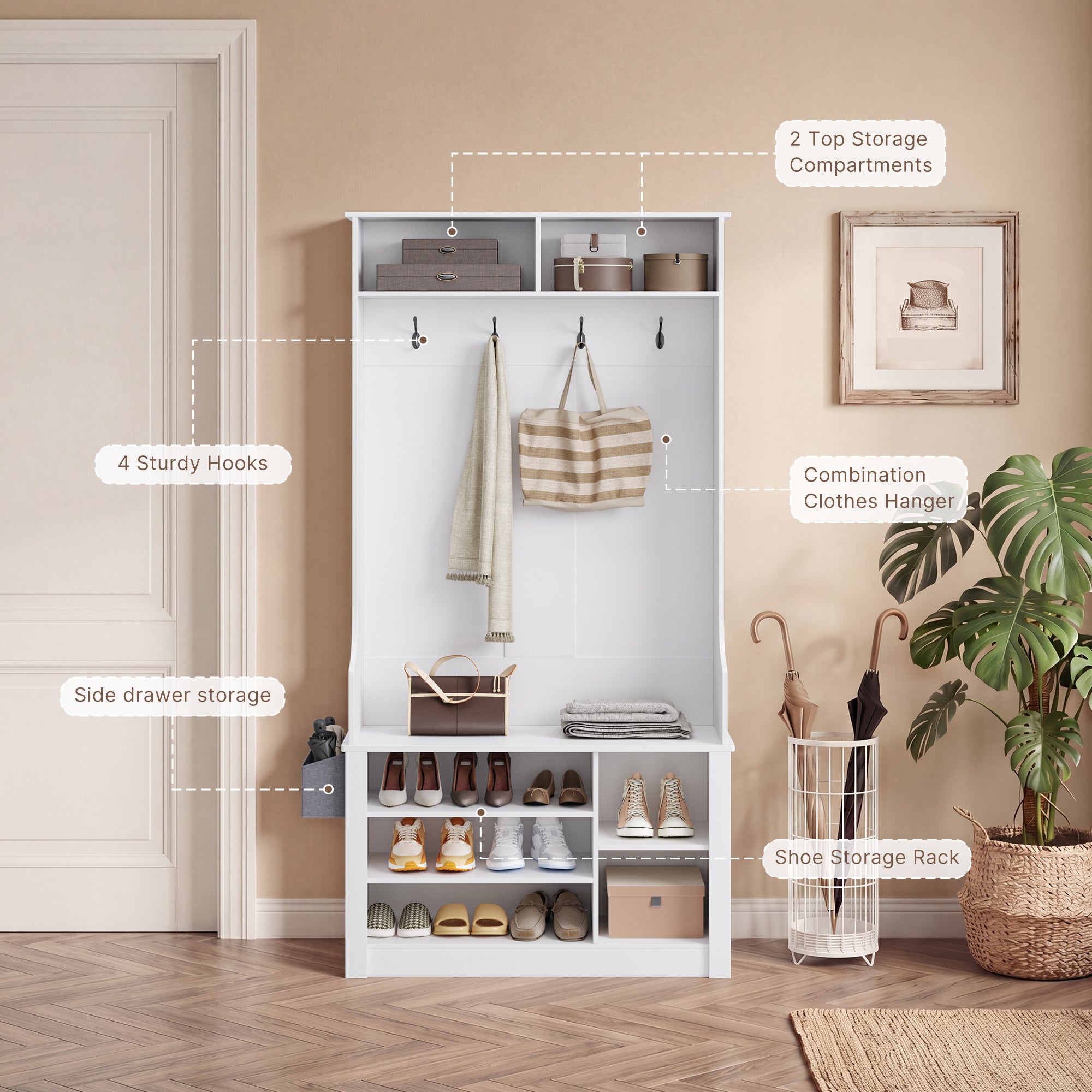 Bealife FS29 Garderobenschrank für den Flur, mit Kleiderhaken, Schuhregal und offenen Fächern