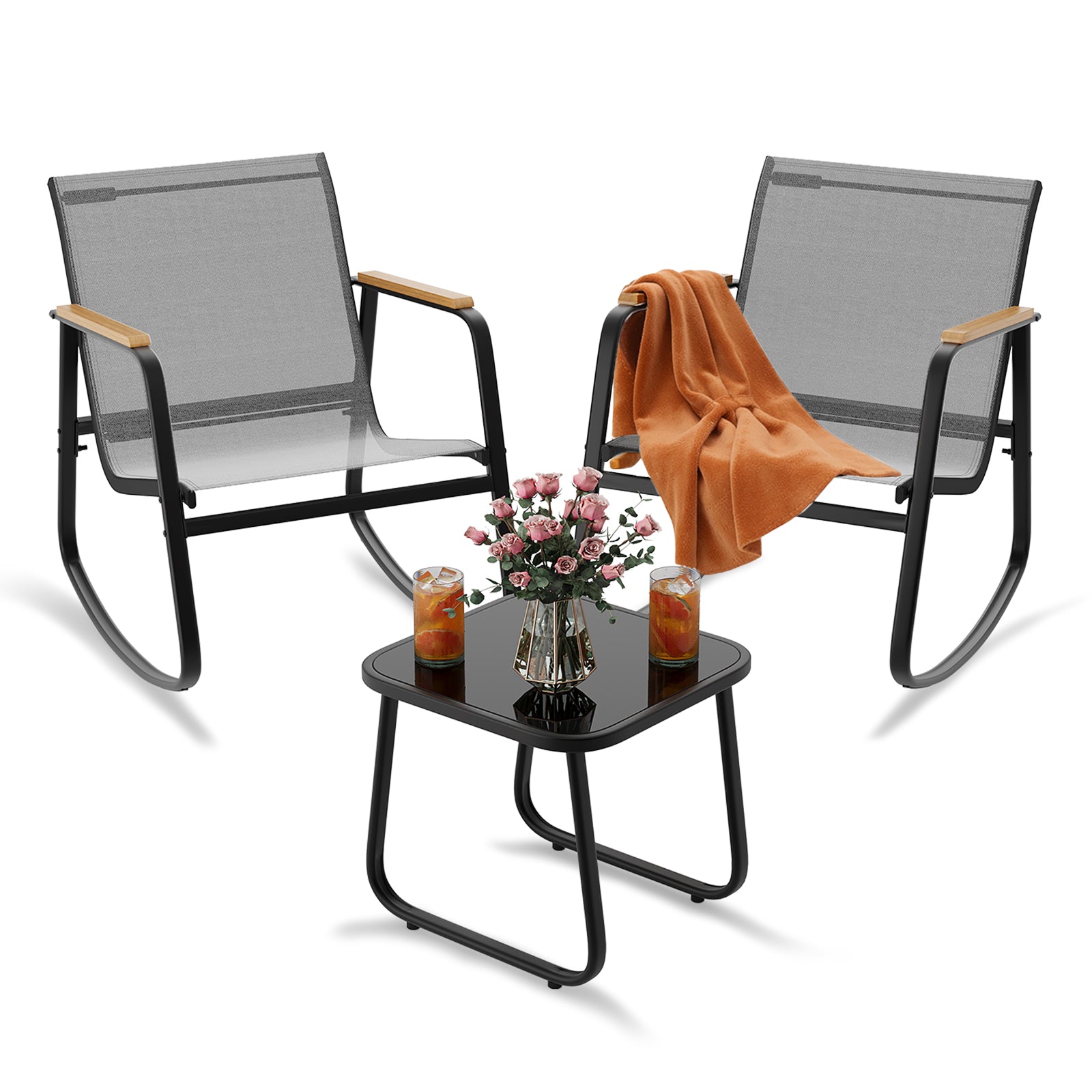 Bealife WR218 Gartenmöbel Set 3-teilig, 2 Schaukelstühle aus Mesh und 1 Glastisch für Balkonmöbel und Gartenlounge-Sets