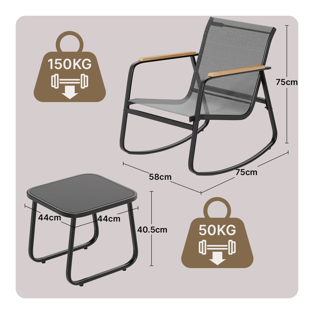 Bealife WR218 Gartenmöbel Set 3-teilig, 2 Schaukelstühle aus Mesh und 1 Glastisch für Balkonmöbel und Gartenlounge-Sets