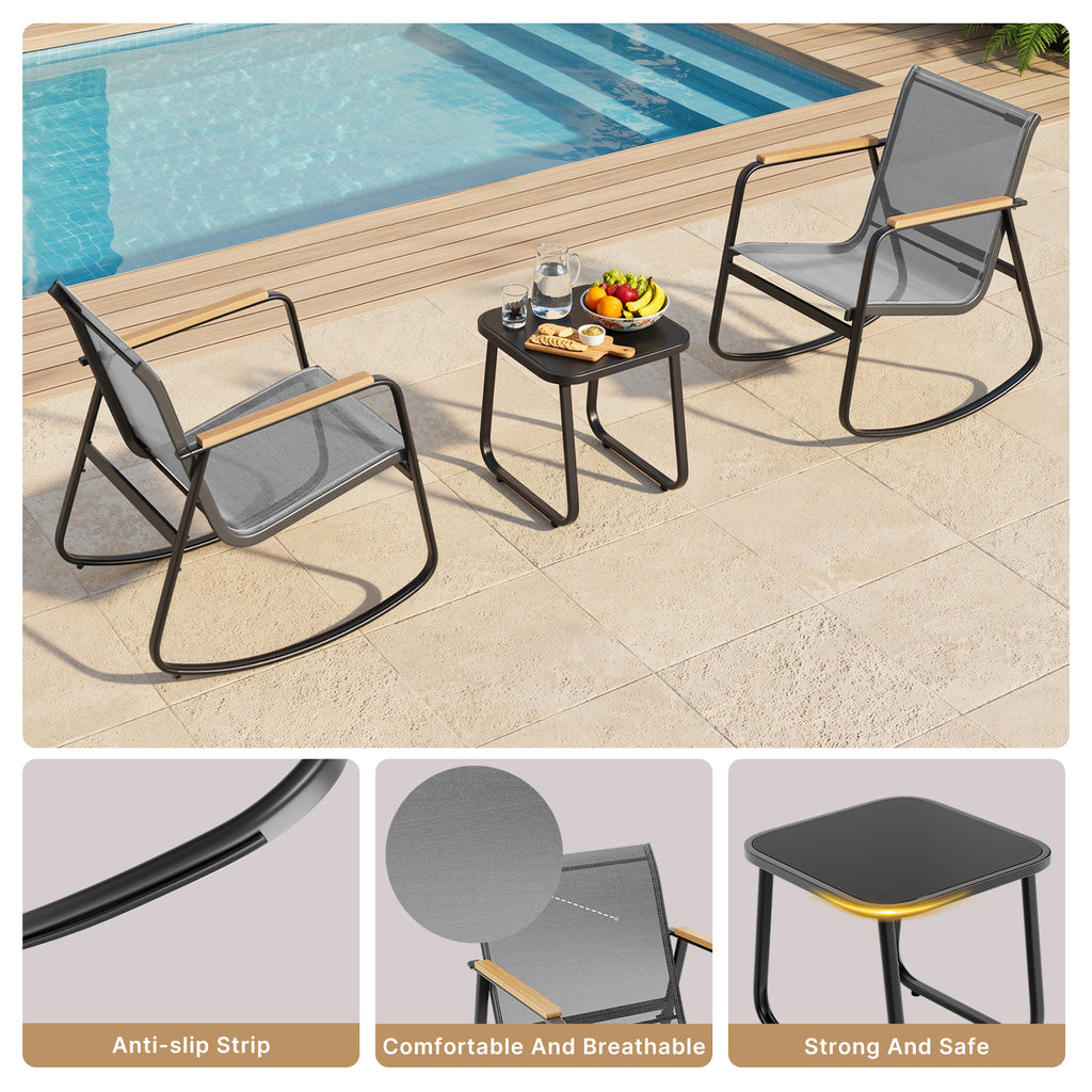Bealife WR218 Gartenmöbel Set 3-teilig, 2 Schaukelstühle aus Mesh und 1 Glastisch für Balkonmöbel und Gartenlounge-Sets